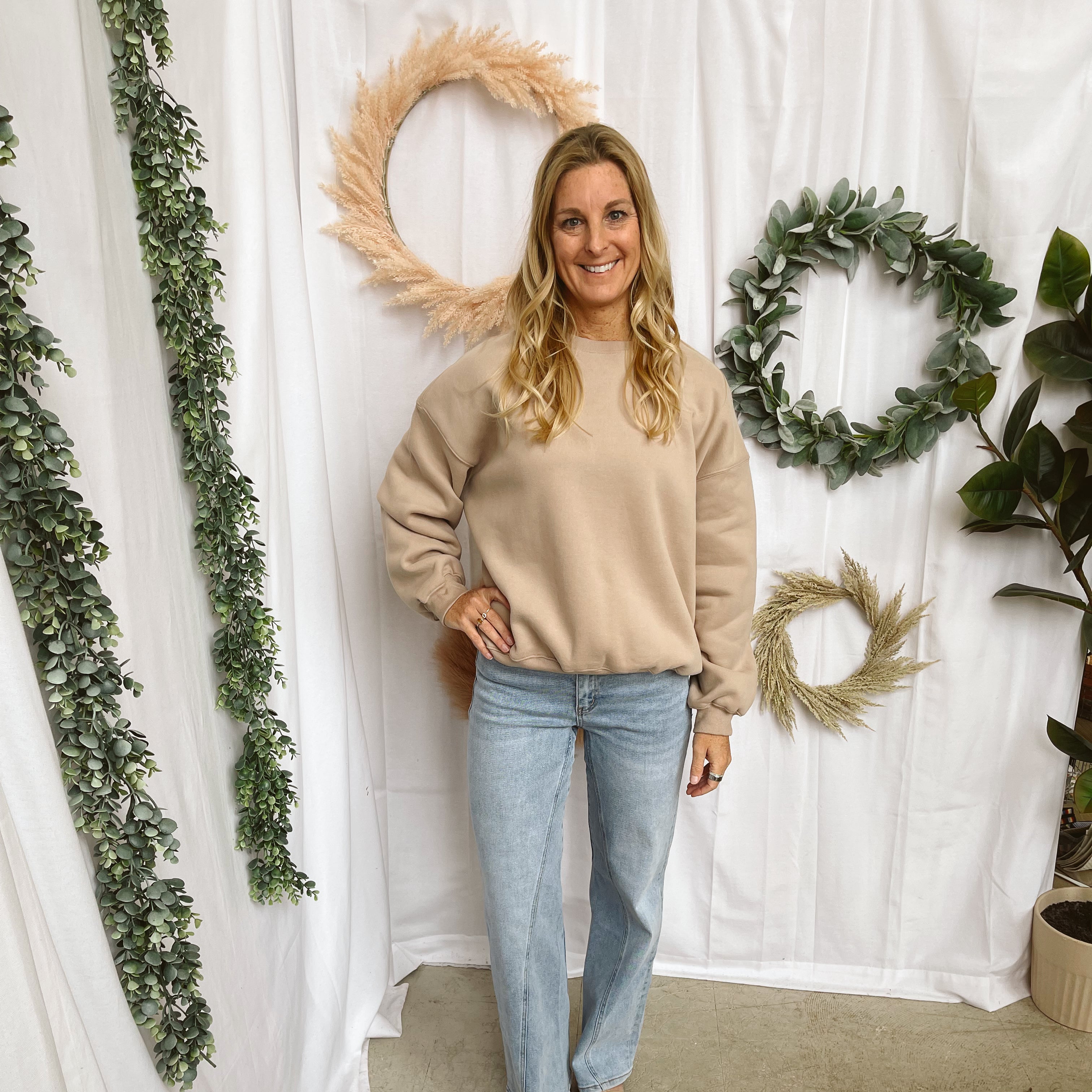 Varsity Crew Sweatshirt-Taupe-Sweatshirts-tictoc-The Silo Boutique, Women's Fashion Boutique Located in Warren and Grand Forks North Dakota