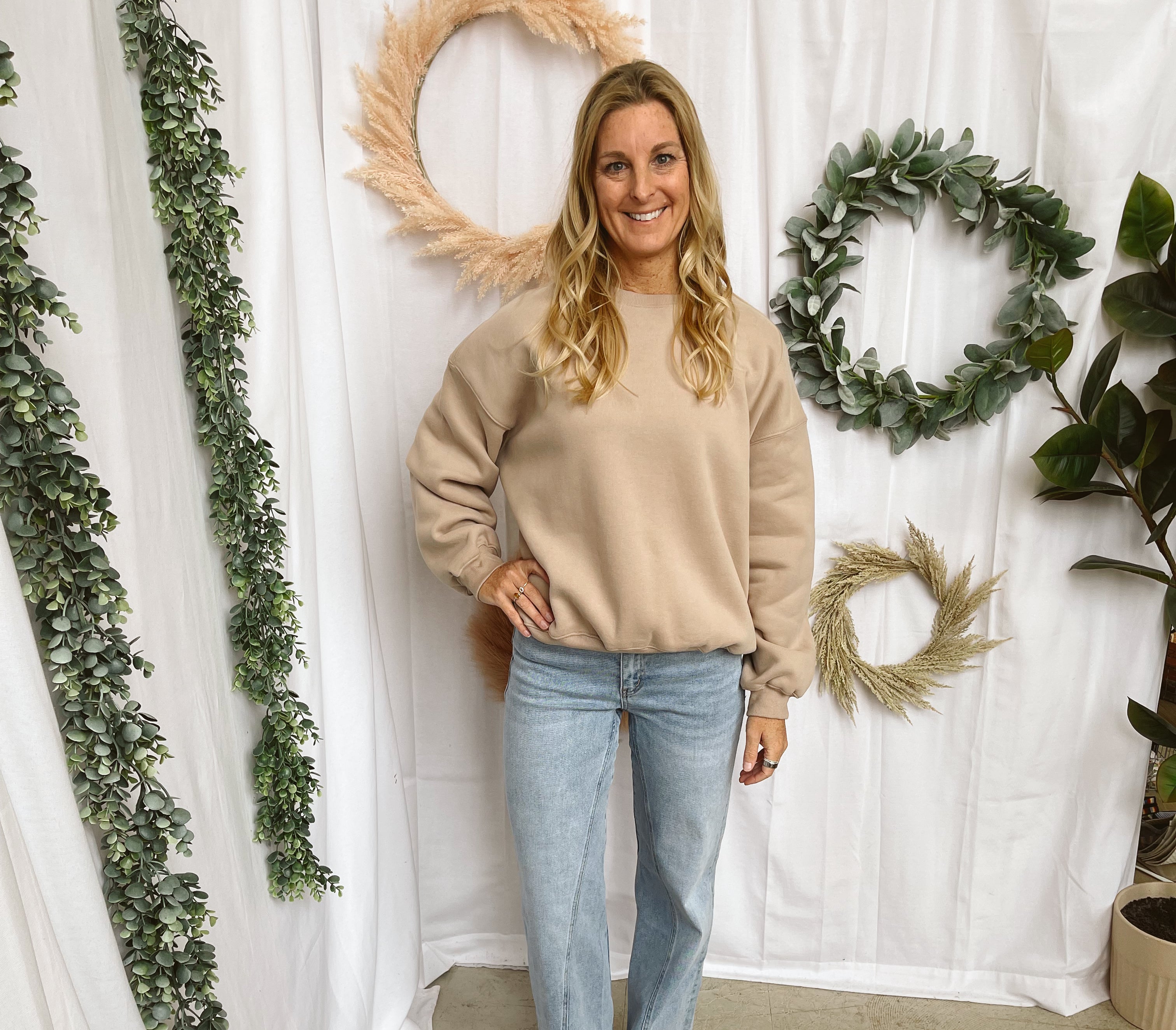 Varsity Crew Sweatshirt-Taupe-Sweatshirts-tictoc-The Silo Boutique, Women's Fashion Boutique Located in Warren and Grand Forks North Dakota