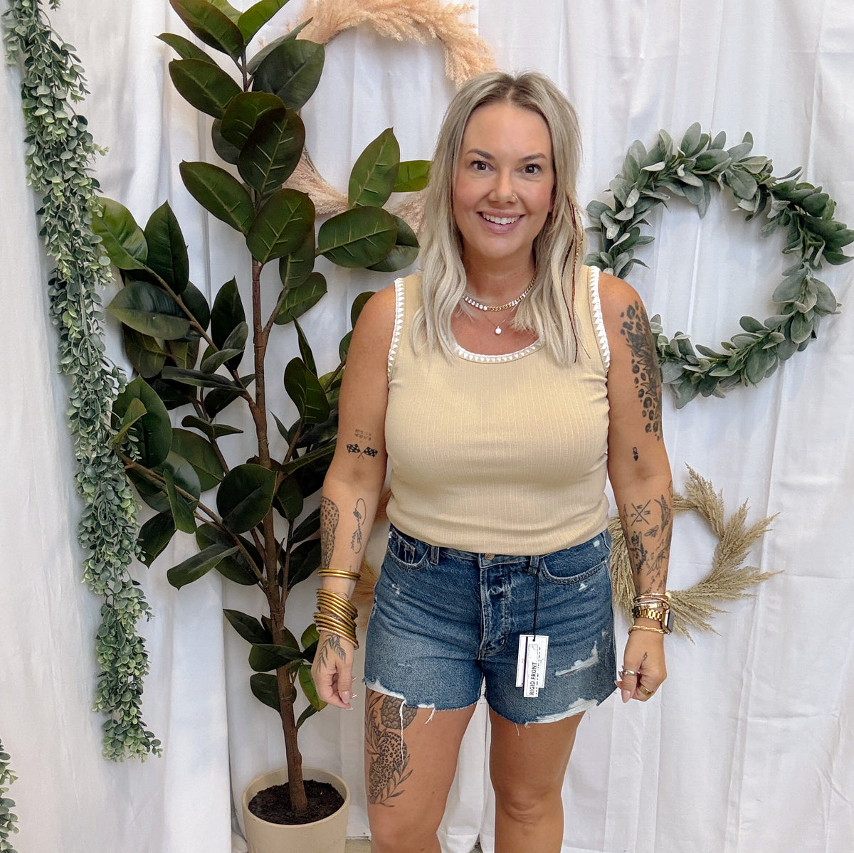 Blanket Stitch Tank Top-Taupe-Short Sleeve Tops-staccato-The Silo Boutique, Women's Fashion Boutique Located in Warren and Grand Forks North Dakota