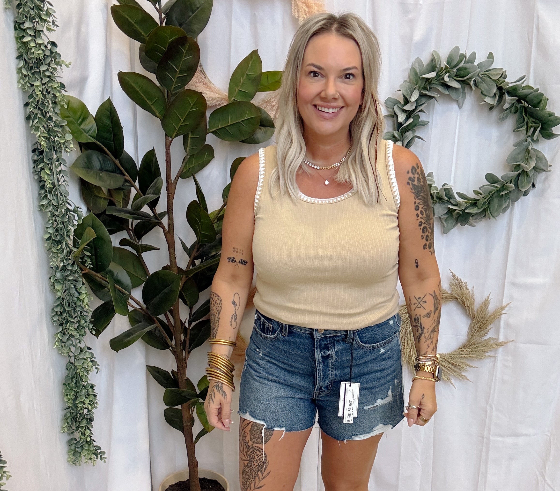 Blanket Stitch Tank Top-Taupe-Short Sleeve Tops-staccato-The Silo Boutique, Women's Fashion Boutique Located in Warren and Grand Forks North Dakota