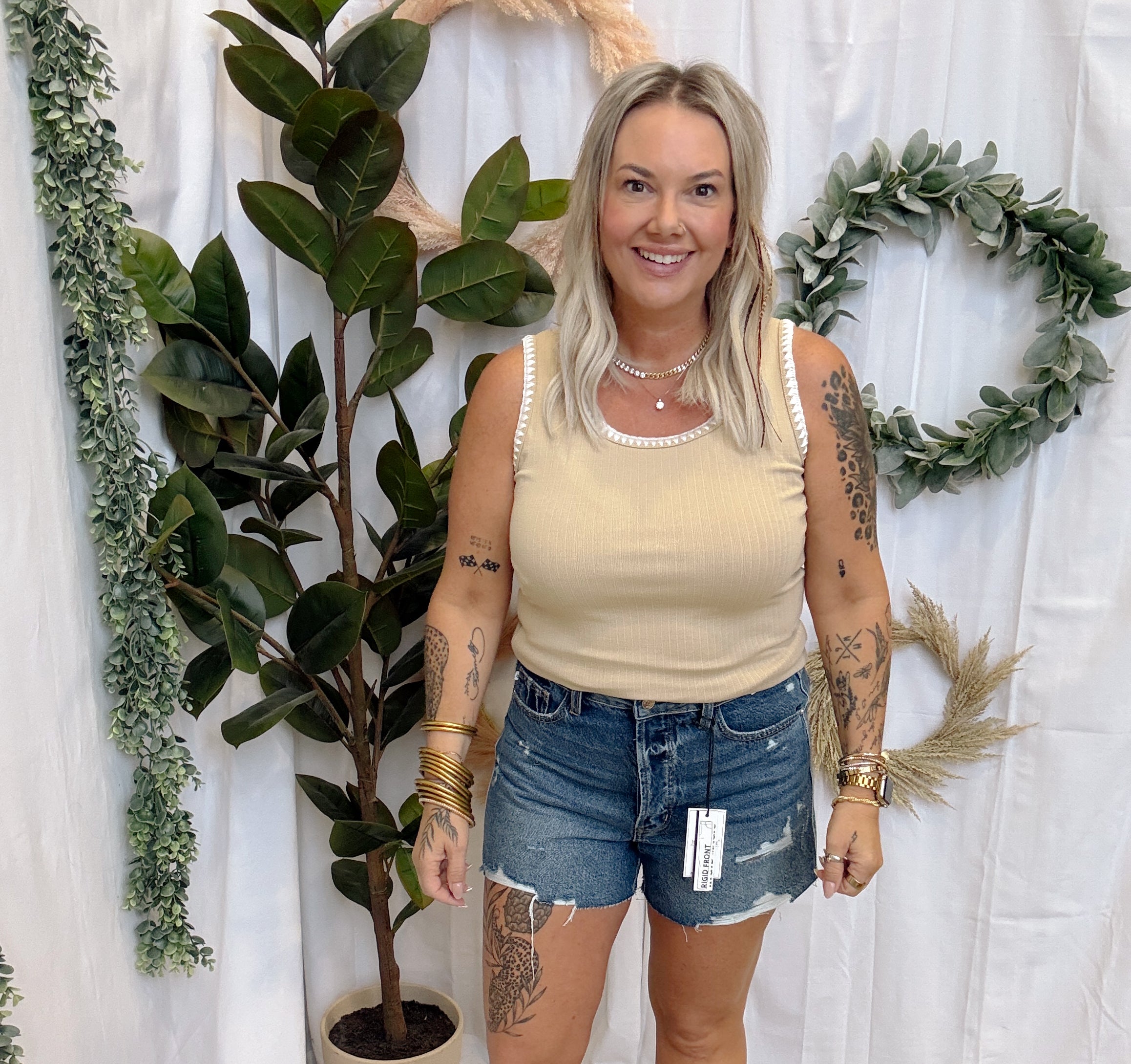 Blanket Stitch Tank Top-Taupe-Short Sleeve Tops-staccato-The Silo Boutique, Women's Fashion Boutique Located in Warren and Grand Forks North Dakota