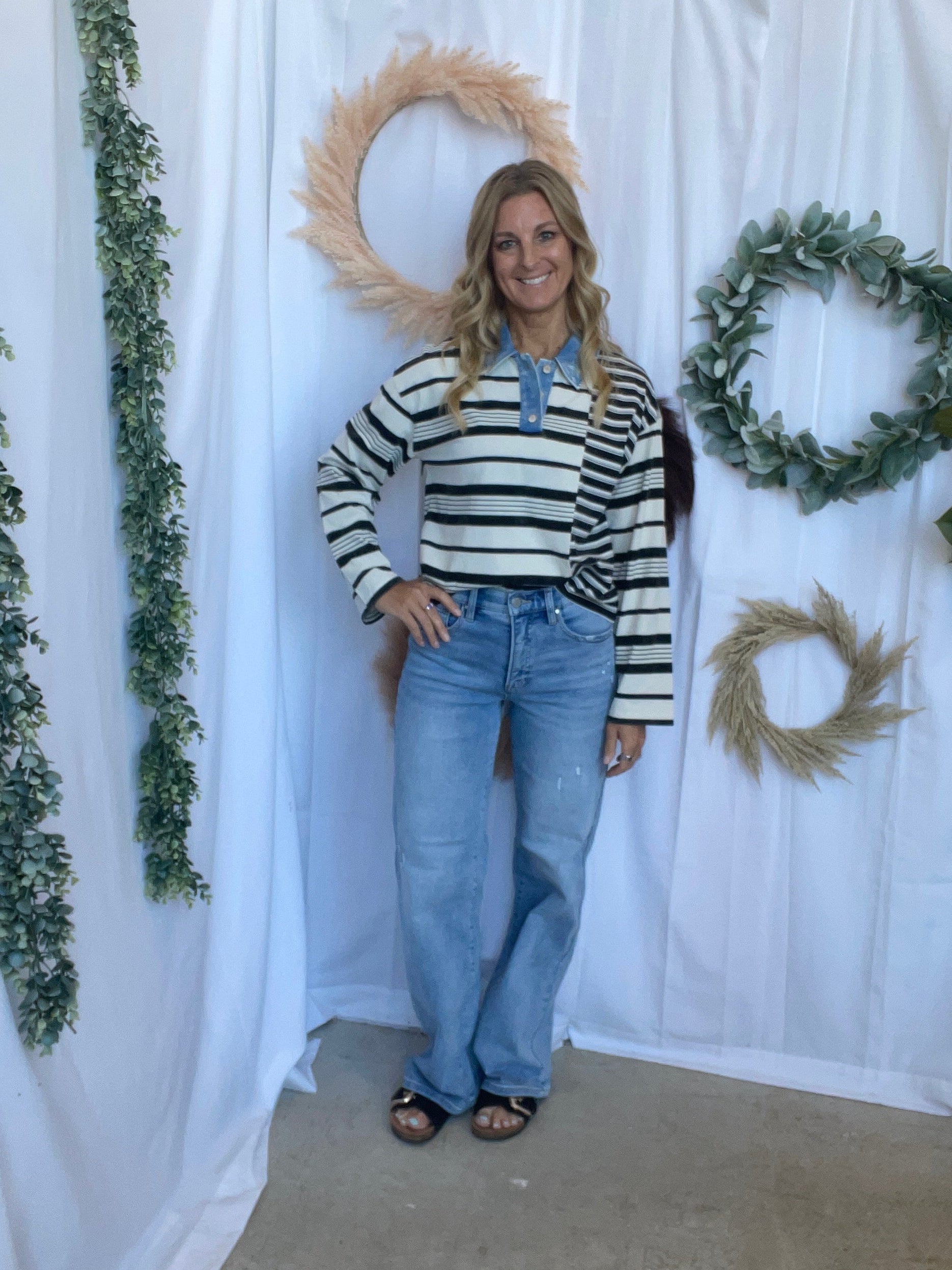 Ivory and Black Long Sleeve Polo Top-Long Sleeve Tops-mystree-The Silo Boutique, Women's Fashion Boutique Located in Warren and Grand Forks North Dakota