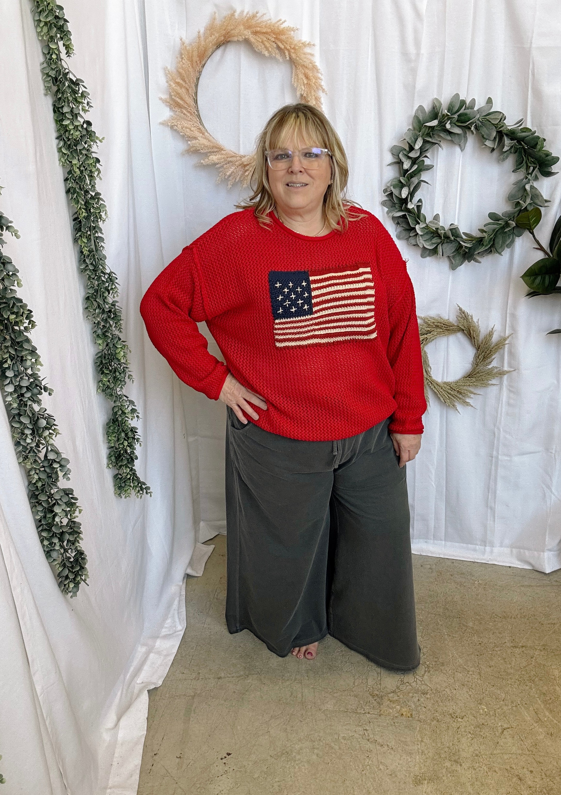 Zen Flag Open Knit Sweater-Red-Long Sleeve Tops-Zenana-The Silo Boutique, Women's Fashion Boutique Located in Warren and Grand Forks North Dakota