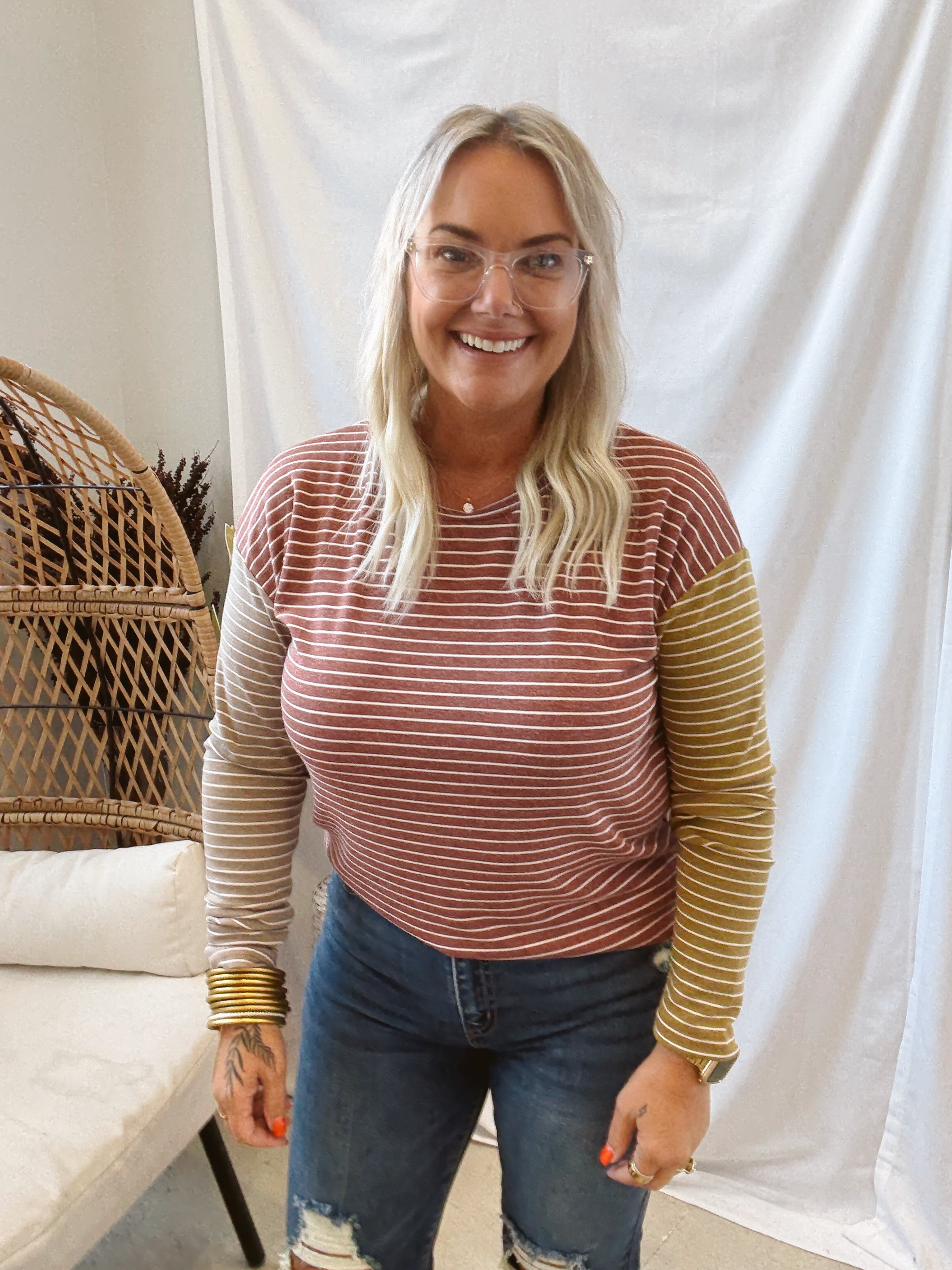 Striped Colorblock Crew Neck Top-Long Sleeve Tops-hem and thread-The Silo Boutique, Women's Fashion Boutique Located in Warren and Grand Forks North Dakota