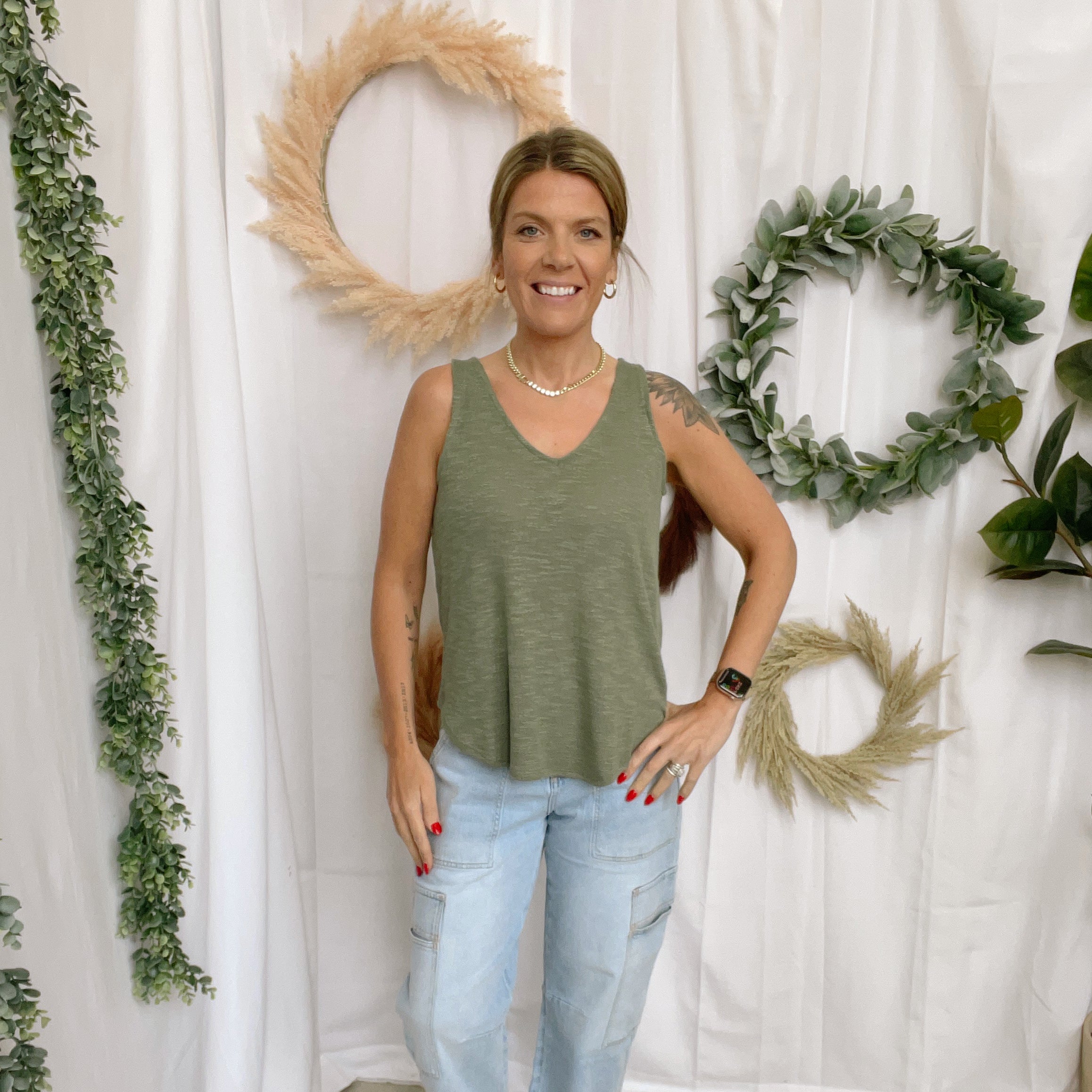 Mel V Neck Slub Tank Top-Olive-Tank Tops-Zenana-The Silo Boutique, Women's Fashion Boutique Located in Warren and Grand Forks North Dakota