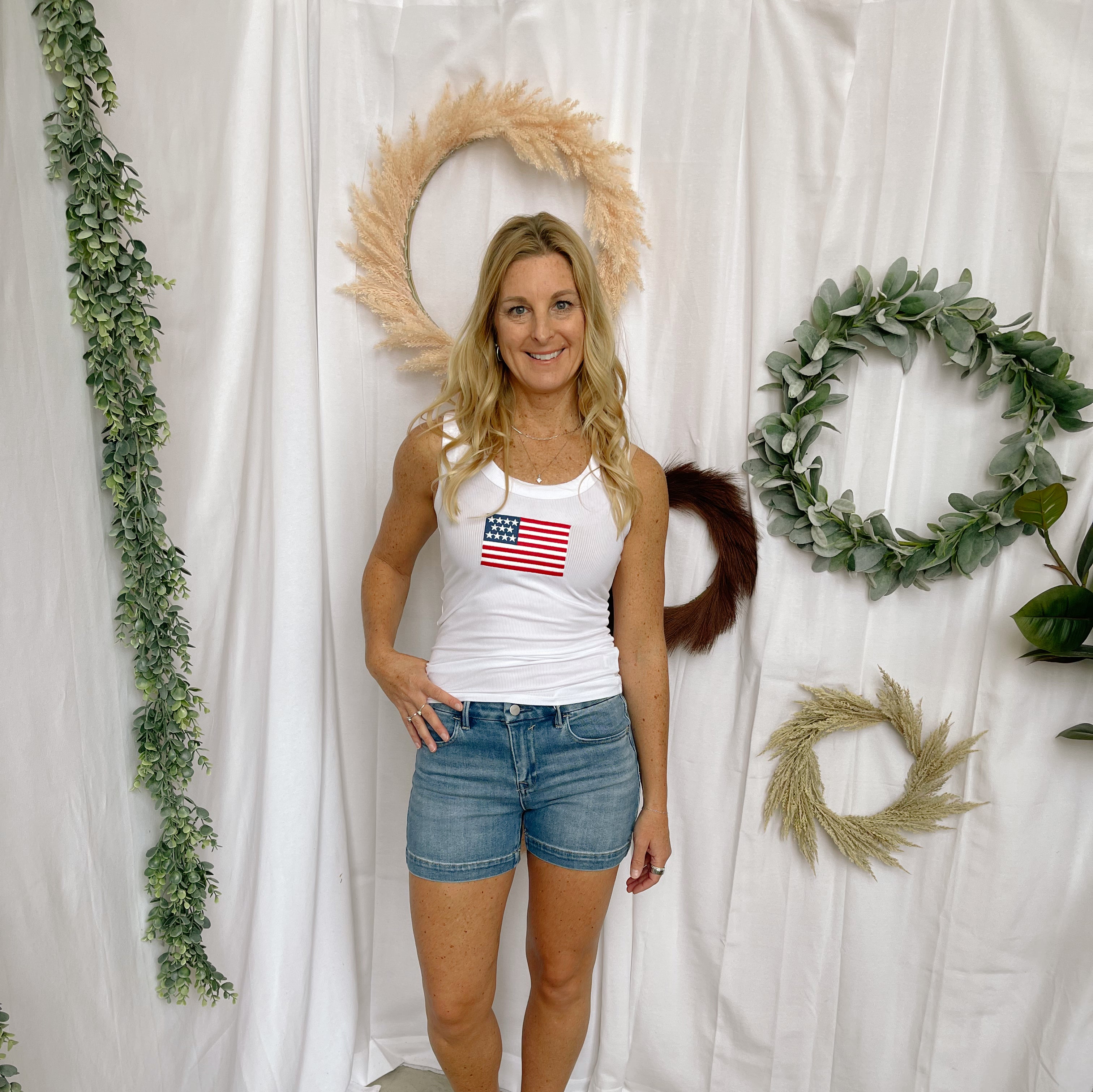Zen Ribbled Flag Tank Top-White-Tank Tops-Zenana-The Silo Boutique, Women's Fashion Boutique Located in Warren and Grand Forks North Dakota