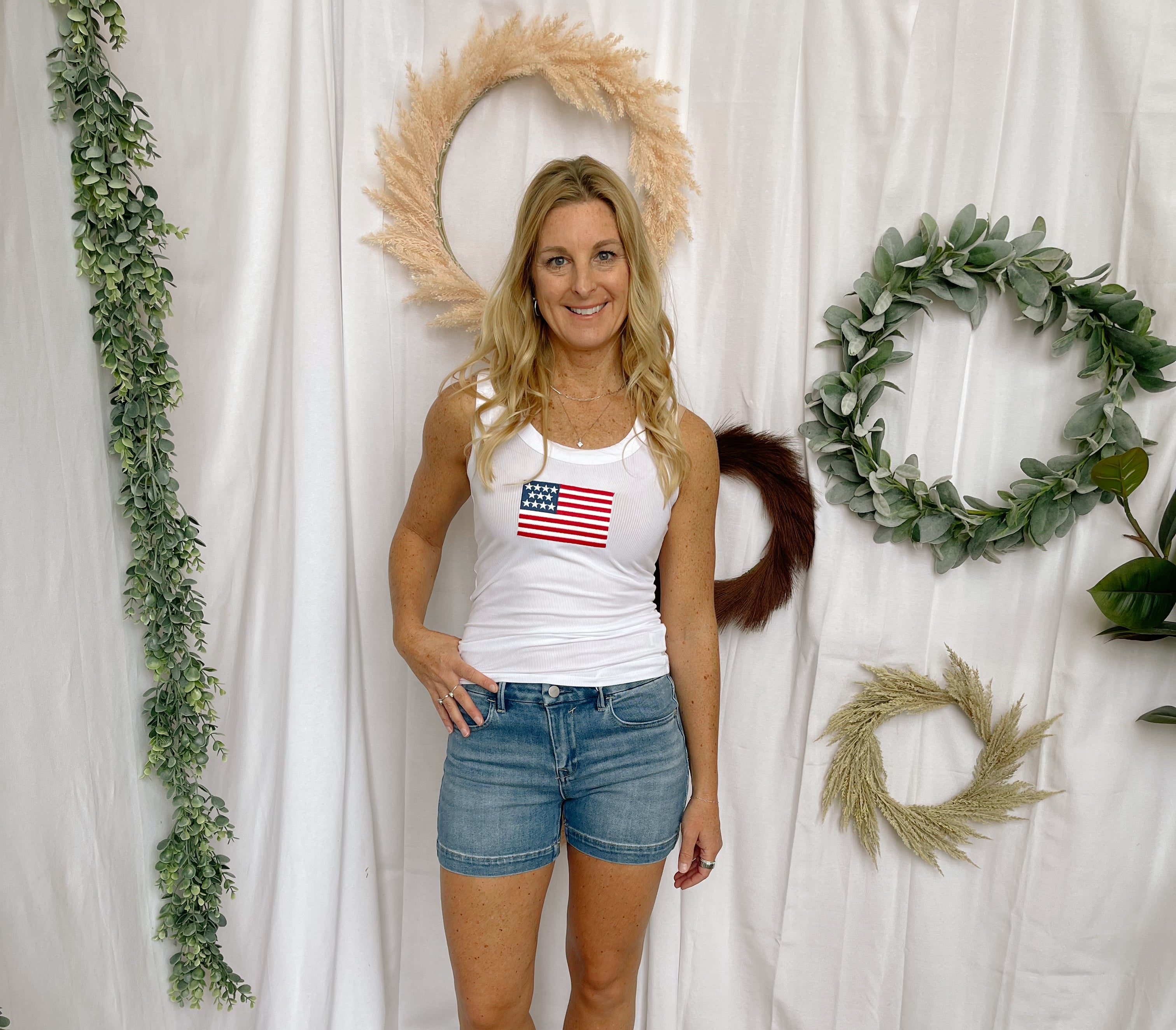 Zen Ribbled Flag Tank Top-White-Tank Tops-Zenana-The Silo Boutique, Women's Fashion Boutique Located in Warren and Grand Forks North Dakota