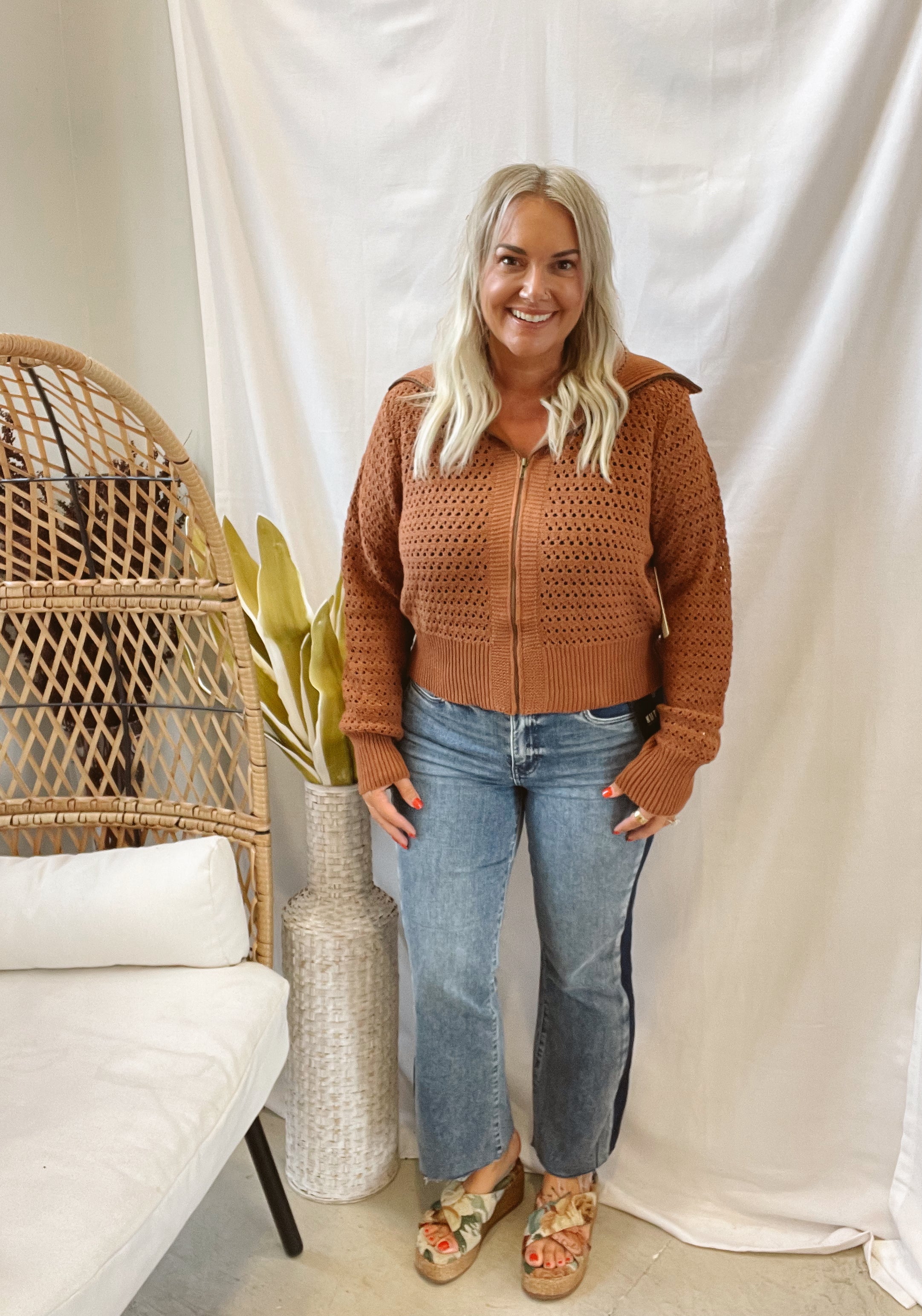 Camel Open Knit Zip Sweater-Final Sale-Sweaters-Doe and Rae-The Silo Boutique, Women's Fashion Boutique Located in Warren and Grand Forks North Dakota