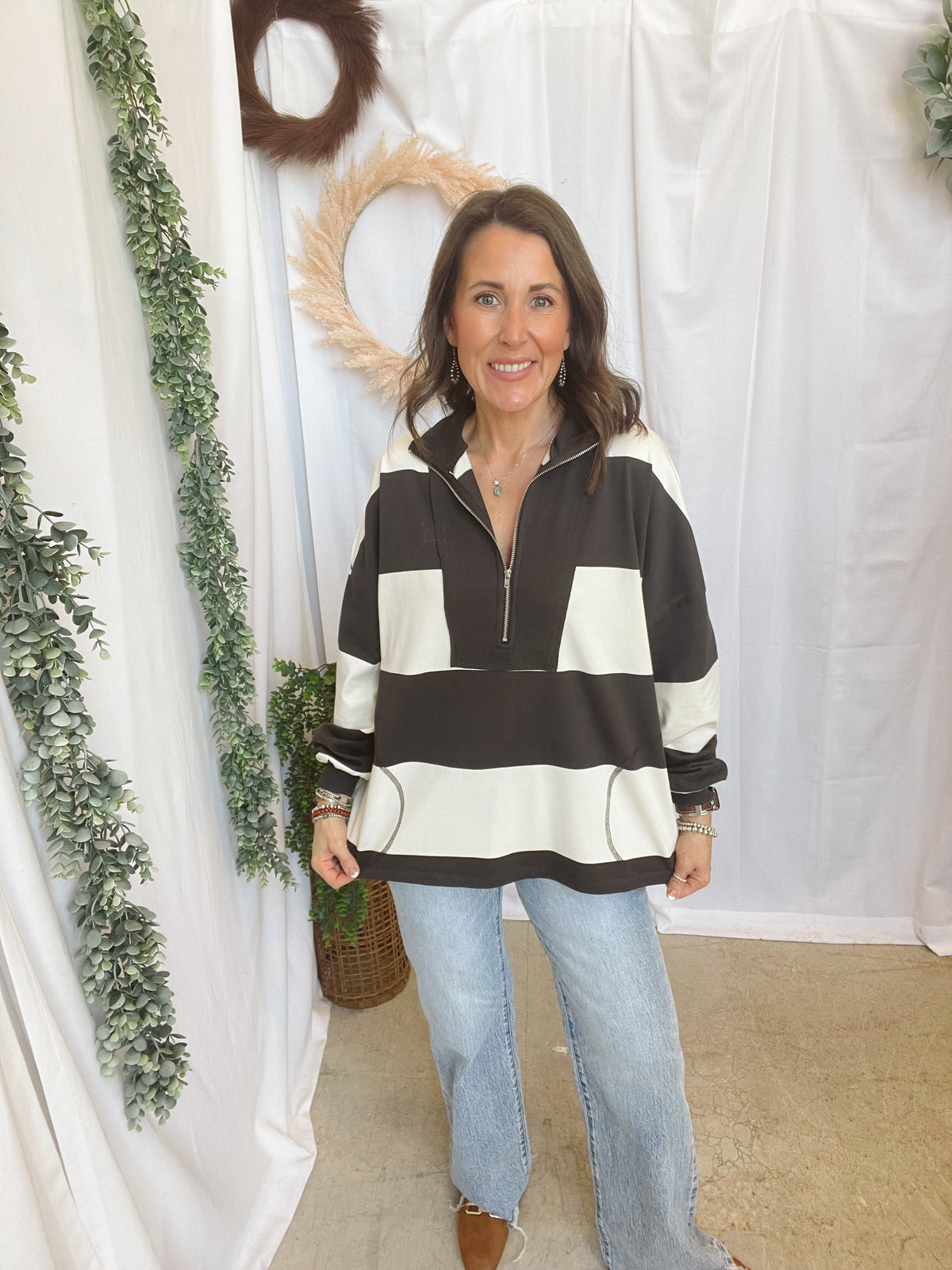 Willow Stripe Half Zip Top-Long Sleeve Tops-blu pepper-The Silo Boutique, Women's Fashion Boutique Located in Warren and Grand Forks North Dakota