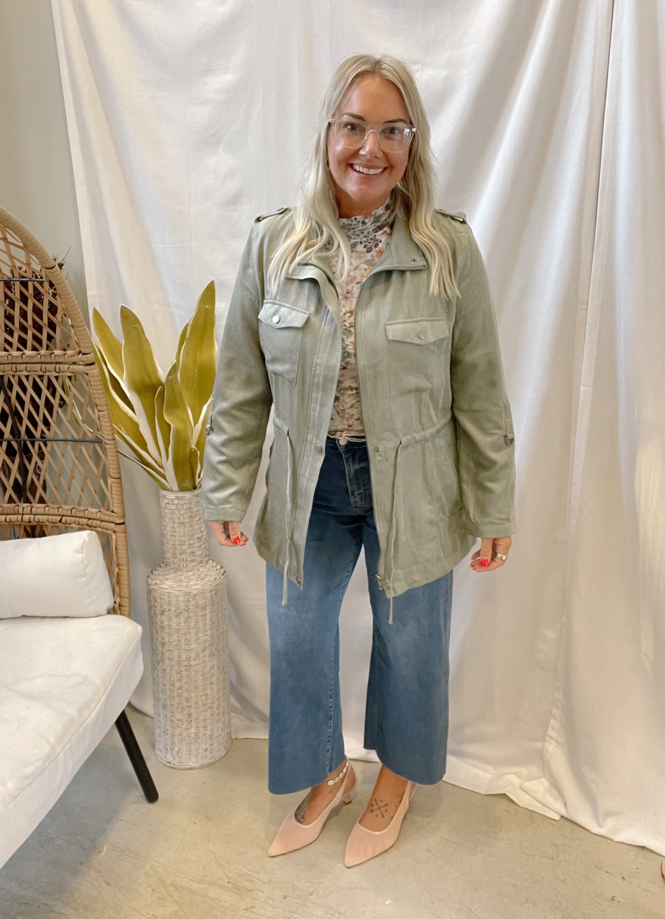 Utility Cinched Waist Jacket-Sage-Coats & Jackets-be cool-The Silo Boutique, Women's Fashion Boutique Located in Warren and Grand Forks North Dakota