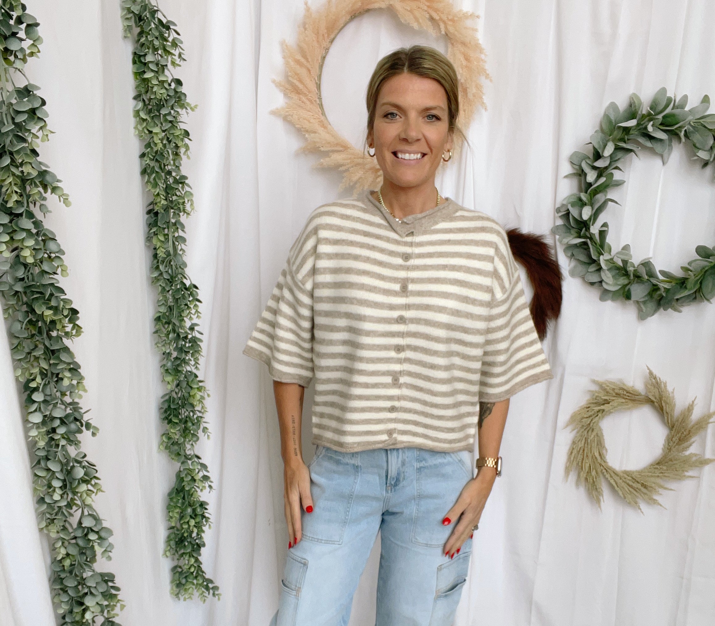 Kelsey Striped Cardigan Sweater-Taupe-Short Sleeve Tops-by together-The Silo Boutique, Women's Fashion Boutique Located in Warren and Grand Forks North Dakota
