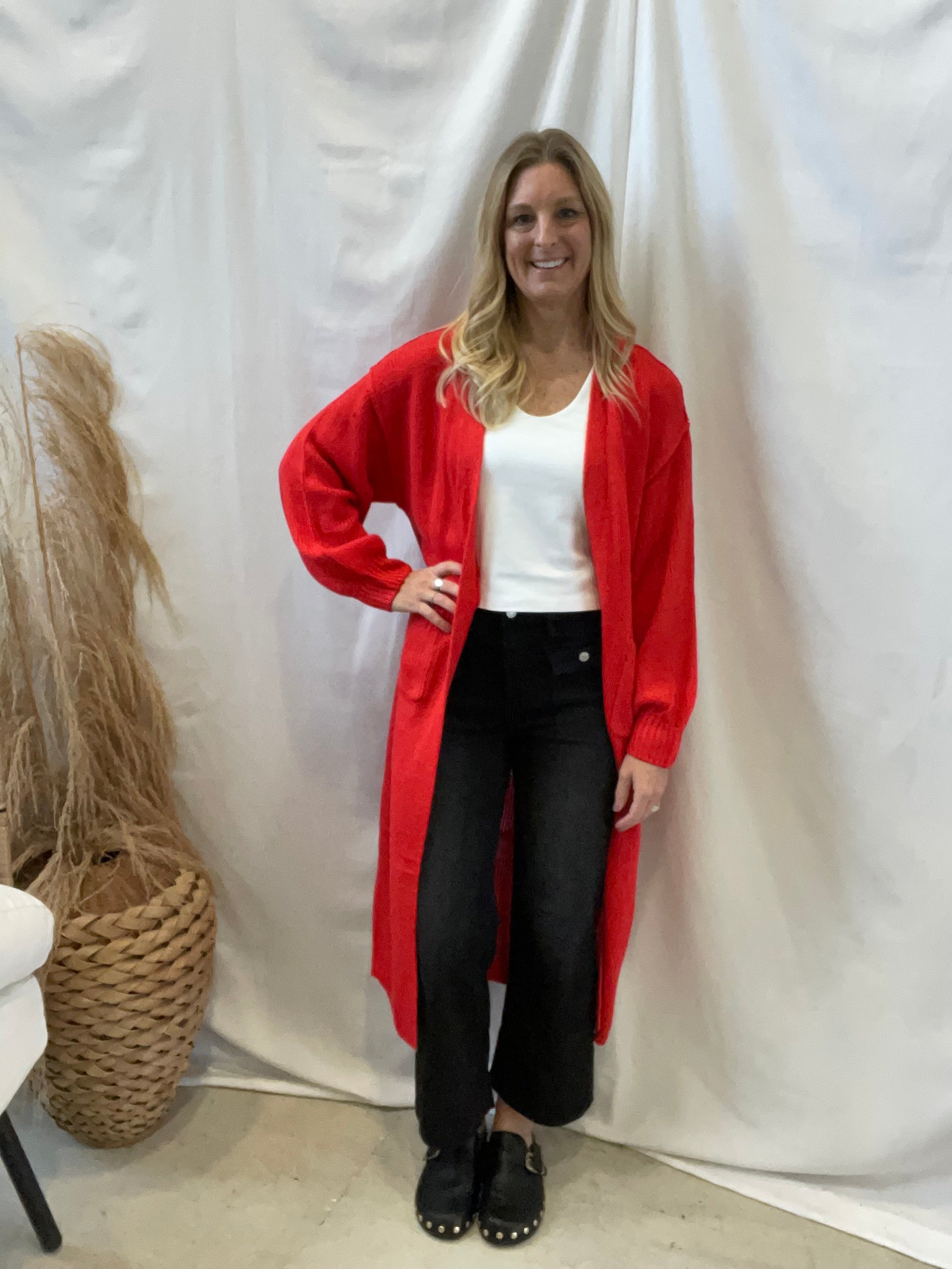 Panache Long Cardigan-Red-Cardigans-panache-The Silo Boutique, Women's Fashion Boutique Located in Warren and Grand Forks North Dakota
