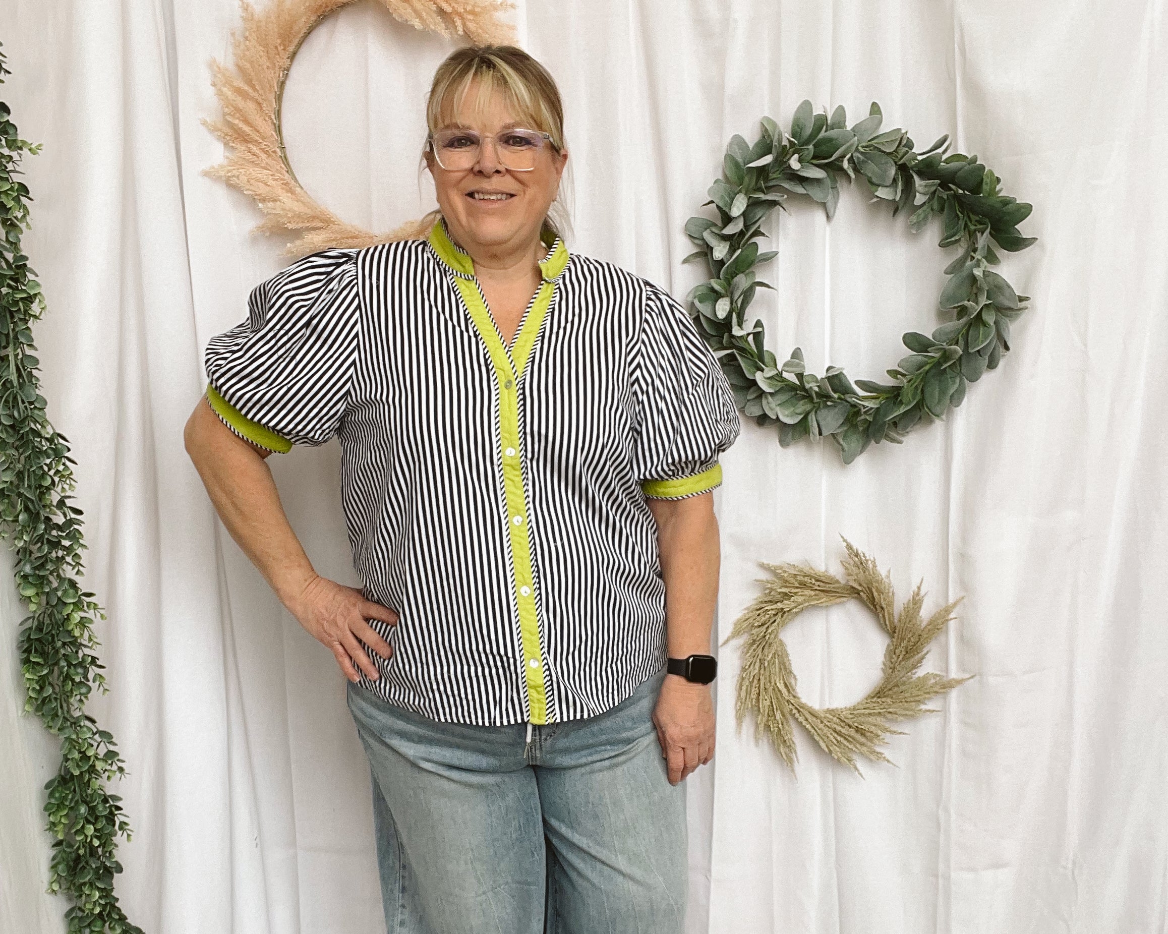 Navy Stripe with Lime Top-Short Sleeve Tops-ENTRO-The Silo Boutique, Women's Fashion Boutique Located in Warren and Grand Forks North Dakota