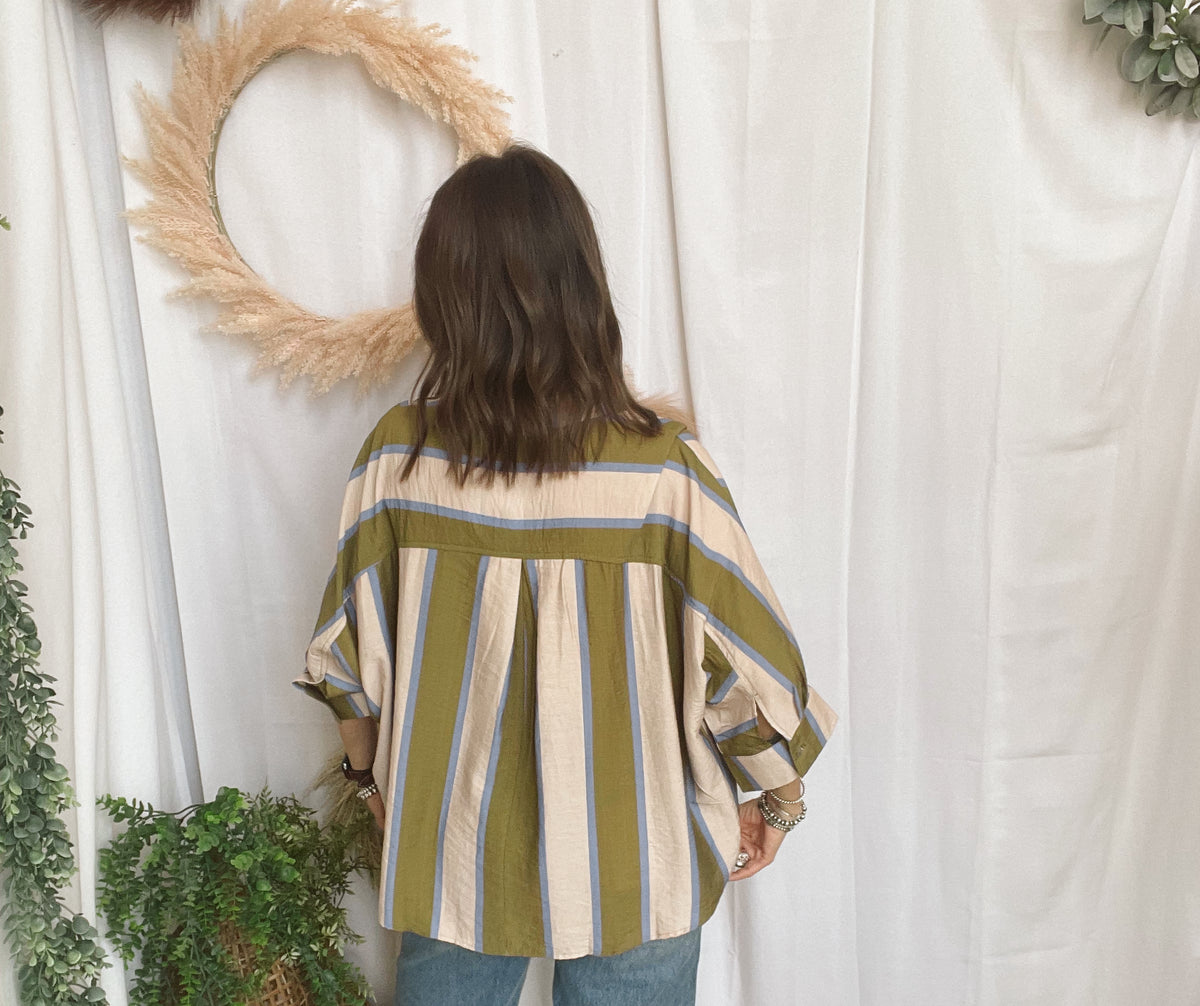 Ella Striped Top-Olive Blue-Short Sleeve Tops-ENTRO-The Silo Boutique, Women's Fashion Boutique Located in Warren and Grand Forks North Dakota