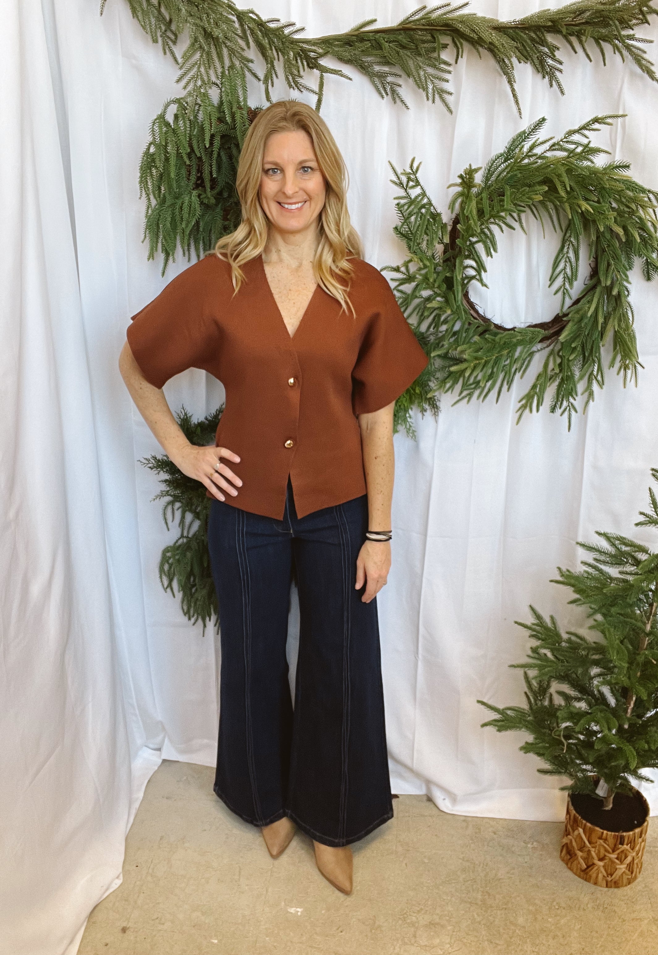 Brown Front Button Short Sleeve Sweater-Sweaters-fate-The Silo Boutique, Women's Fashion Boutique Located in Warren and Grand Forks North Dakota