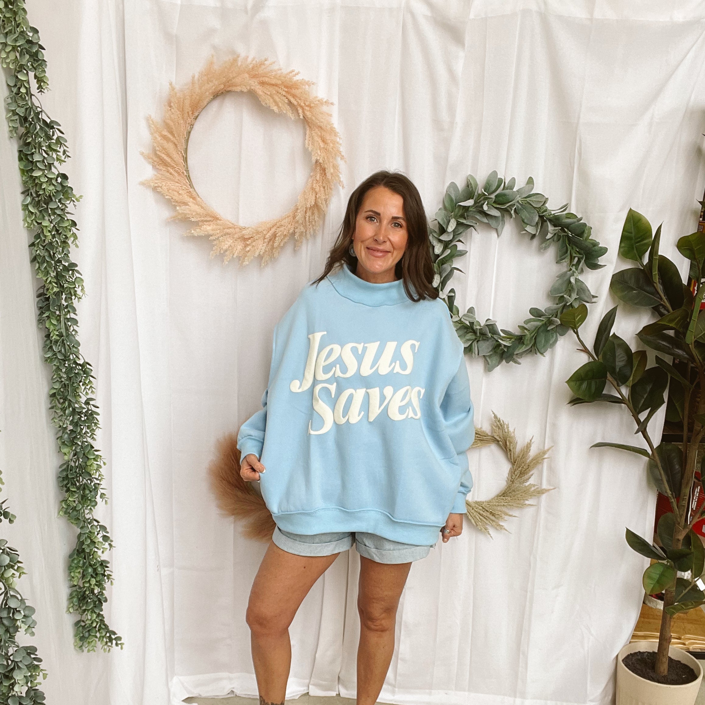 Bucketlist JESUS Saves Sweatshirt-Baby Blue-Sweatshirts-bucketlist-The Silo Boutique, Women's Fashion Boutique Located in Warren and Grand Forks North Dakota