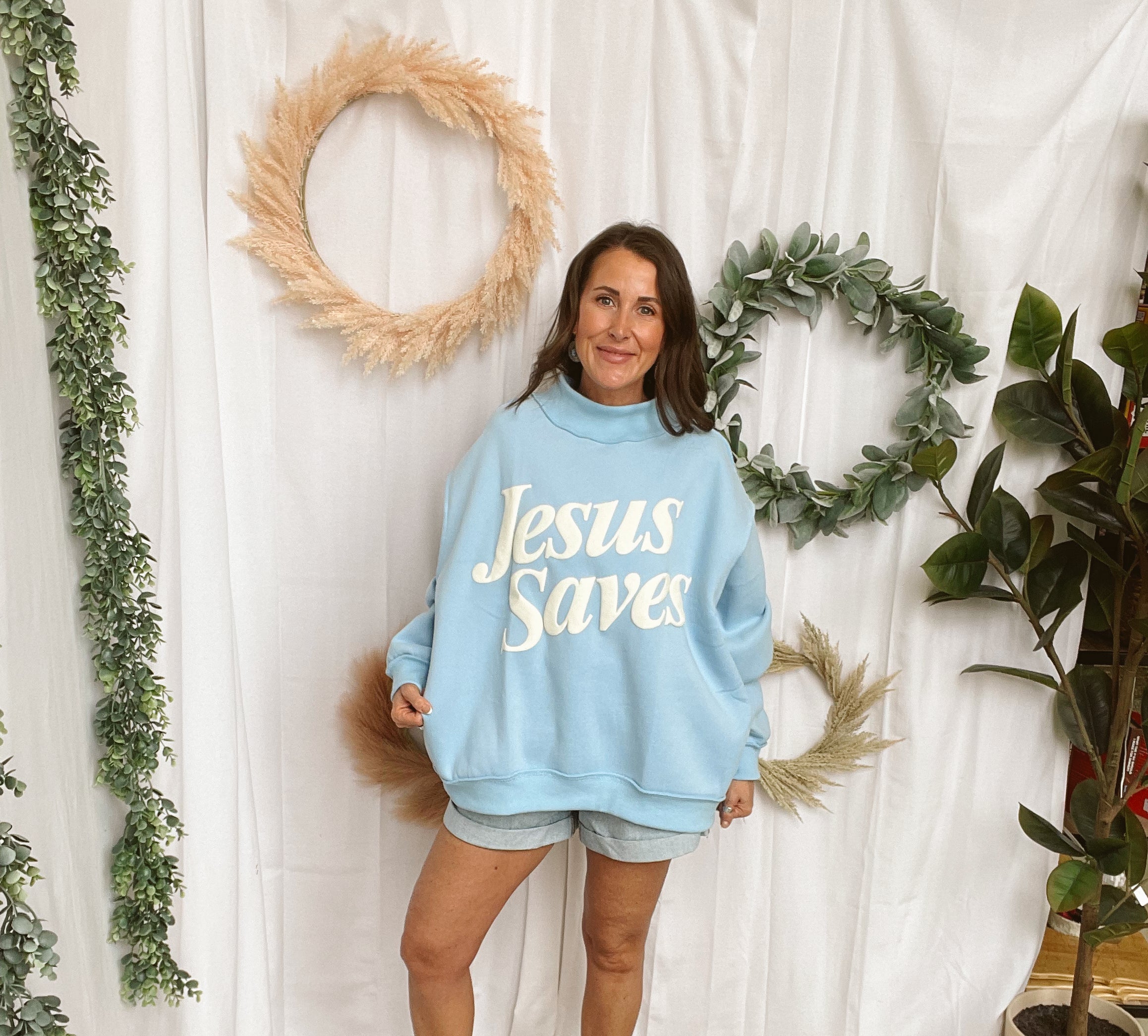 Bucketlist JESUS Saves Sweatshirt-Baby Blue-Sweatshirts-bucketlist-The Silo Boutique, Women's Fashion Boutique Located in Warren and Grand Forks North Dakota