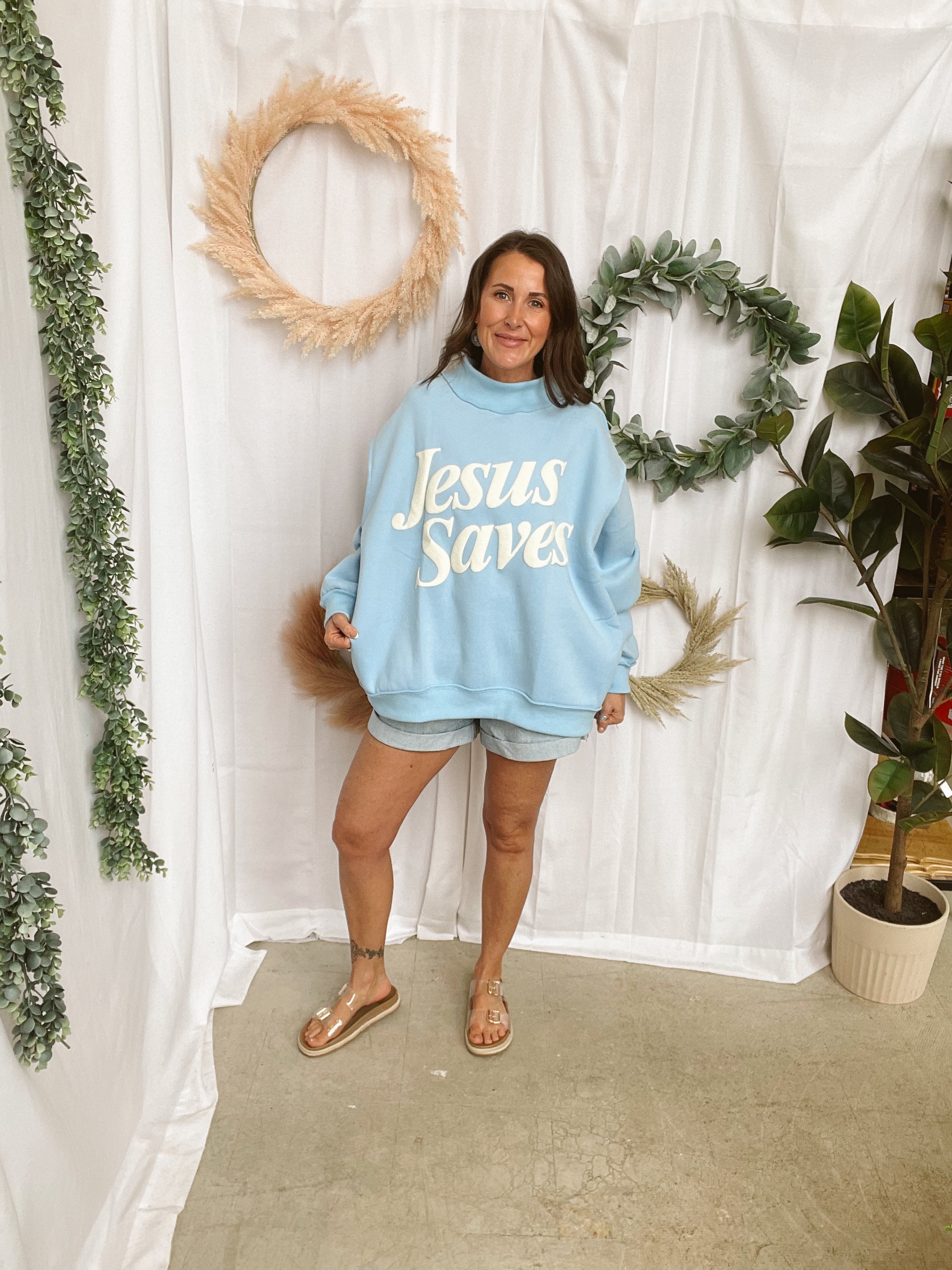 Bucketlist JESUS Saves Sweatshirt-Baby Blue-Sweatshirts-bucketlist-The Silo Boutique, Women's Fashion Boutique Located in Warren and Grand Forks North Dakota