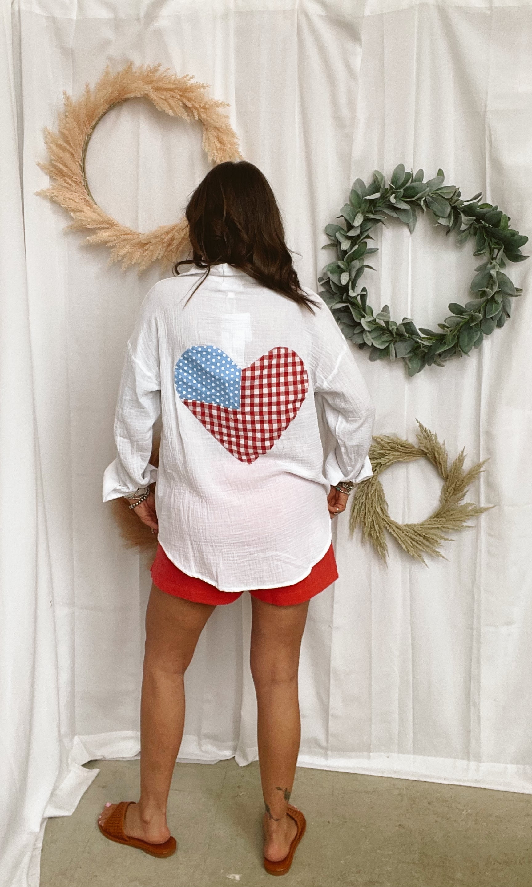 White Button Up With Flag Heart-Long Sleeve Tops-anniewear-The Silo Boutique, Women's Fashion Boutique Located in Warren and Grand Forks North Dakota