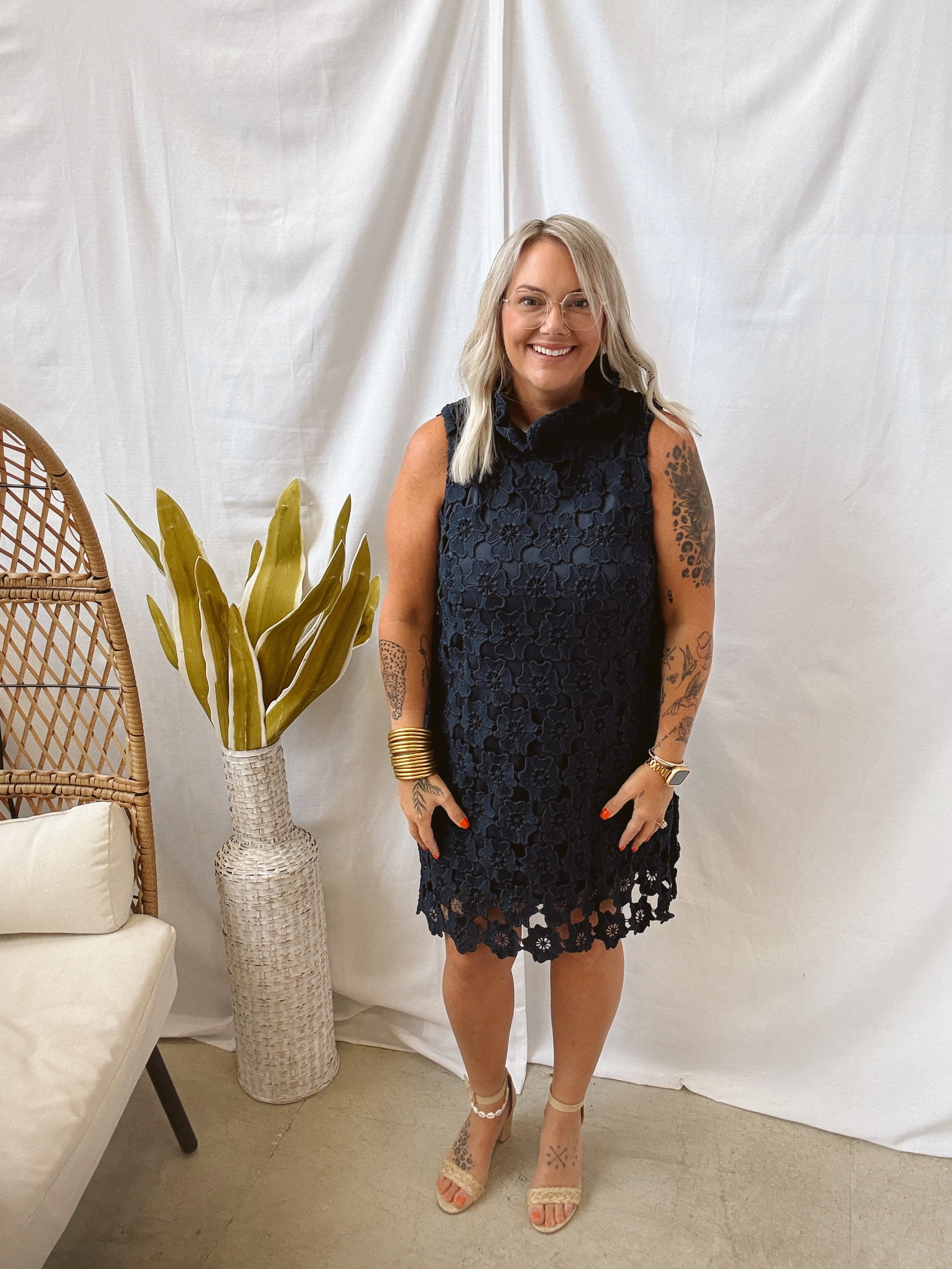 Mock Neck Lace Dress-Navy-Dresses-Umgee-The Silo Boutique, Women's Fashion Boutique Located in Warren and Grand Forks North Dakota