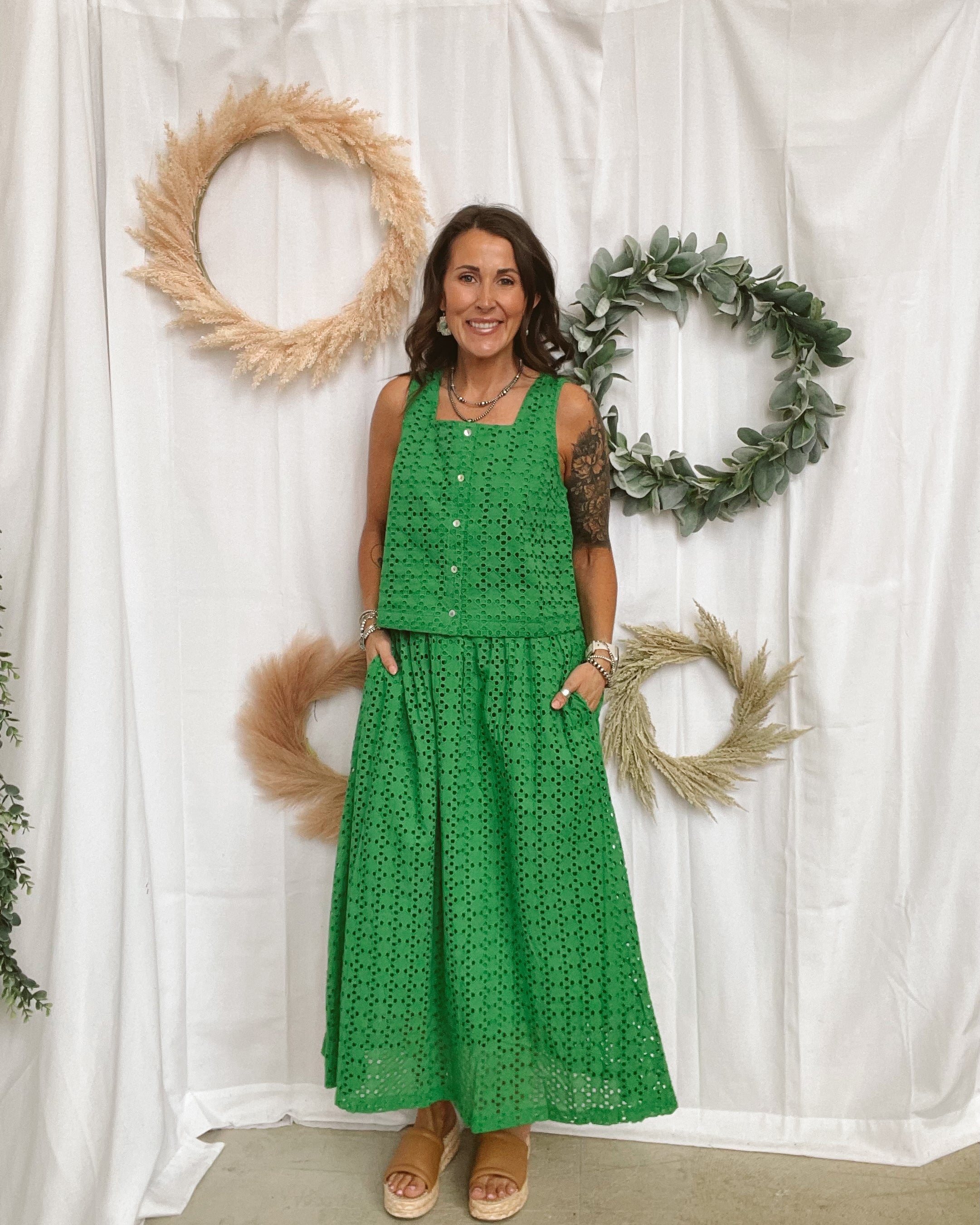 Eyelet Skirt-Green-Skirts-entro-The Silo Boutique, Women's Fashion Boutique Located in Warren and Grand Forks North Dakota