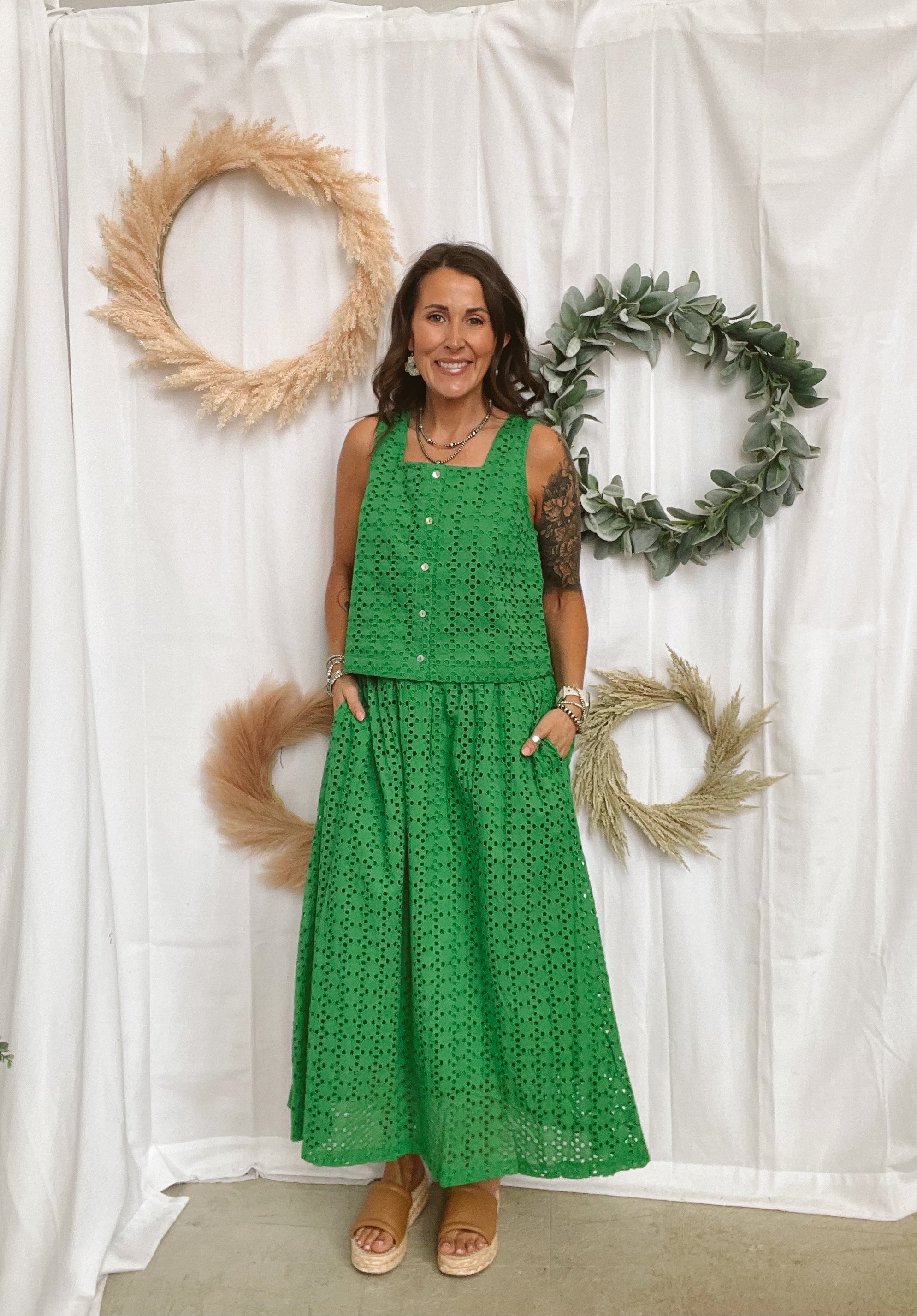 Eyelet Button Tank Top-Green-Tank Tops-entro-The Silo Boutique, Women's Fashion Boutique Located in Warren and Grand Forks North Dakota