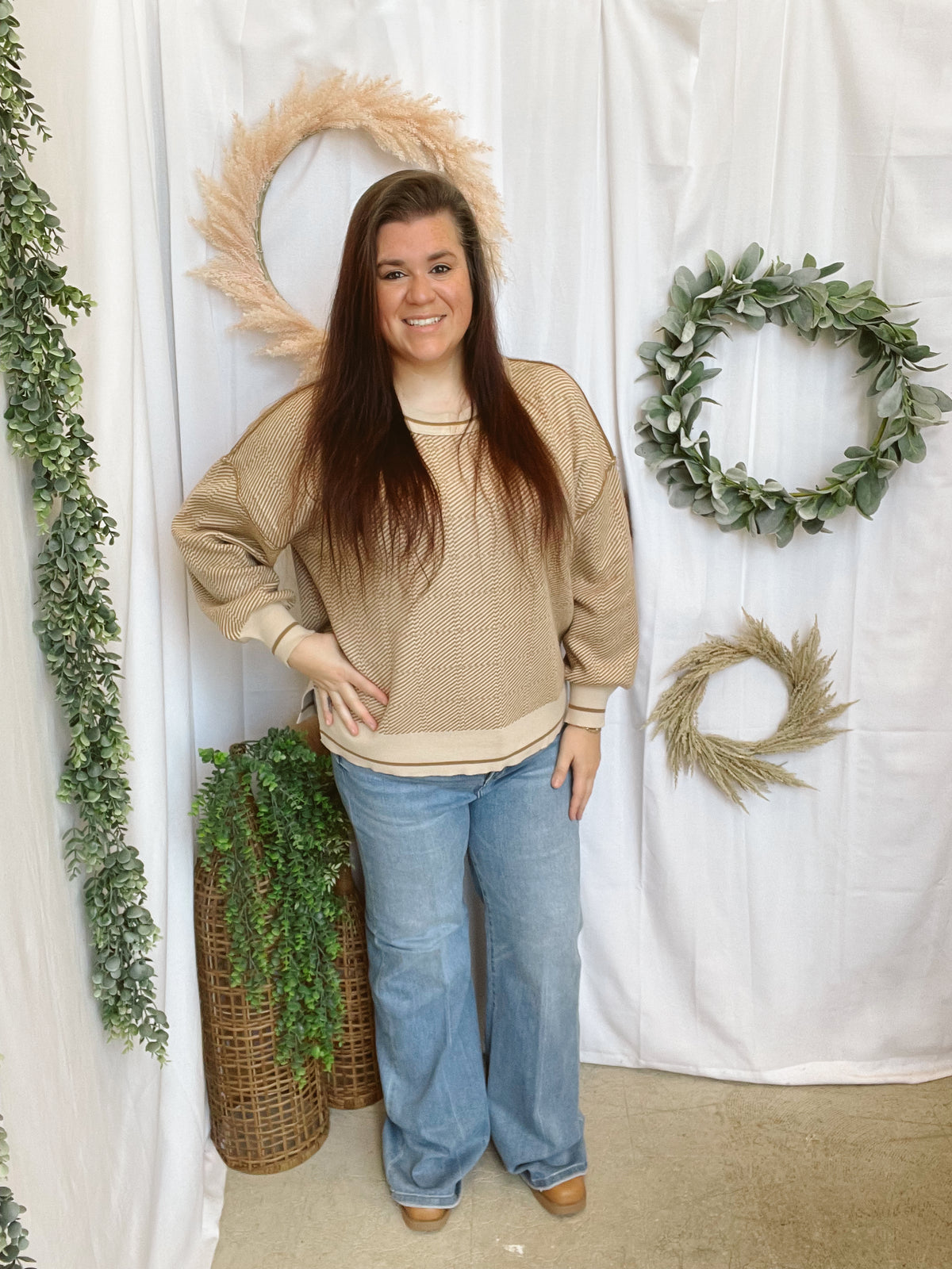 Jane Geo Print Sweater-Mocha-Sweaters-very j-The Silo Boutique, Women's Fashion Boutique Located in Warren and Grand Forks North Dakota