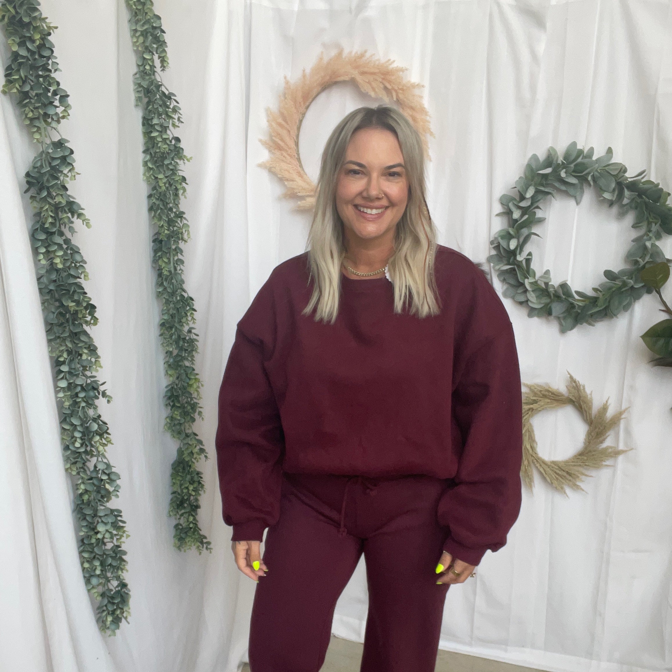 Emory Wide Leg Sweatpants-Black Cherry-sweatpants-tictoc-The Silo Boutique, Women's Fashion Boutique Located in Warren and Grand Forks North Dakota