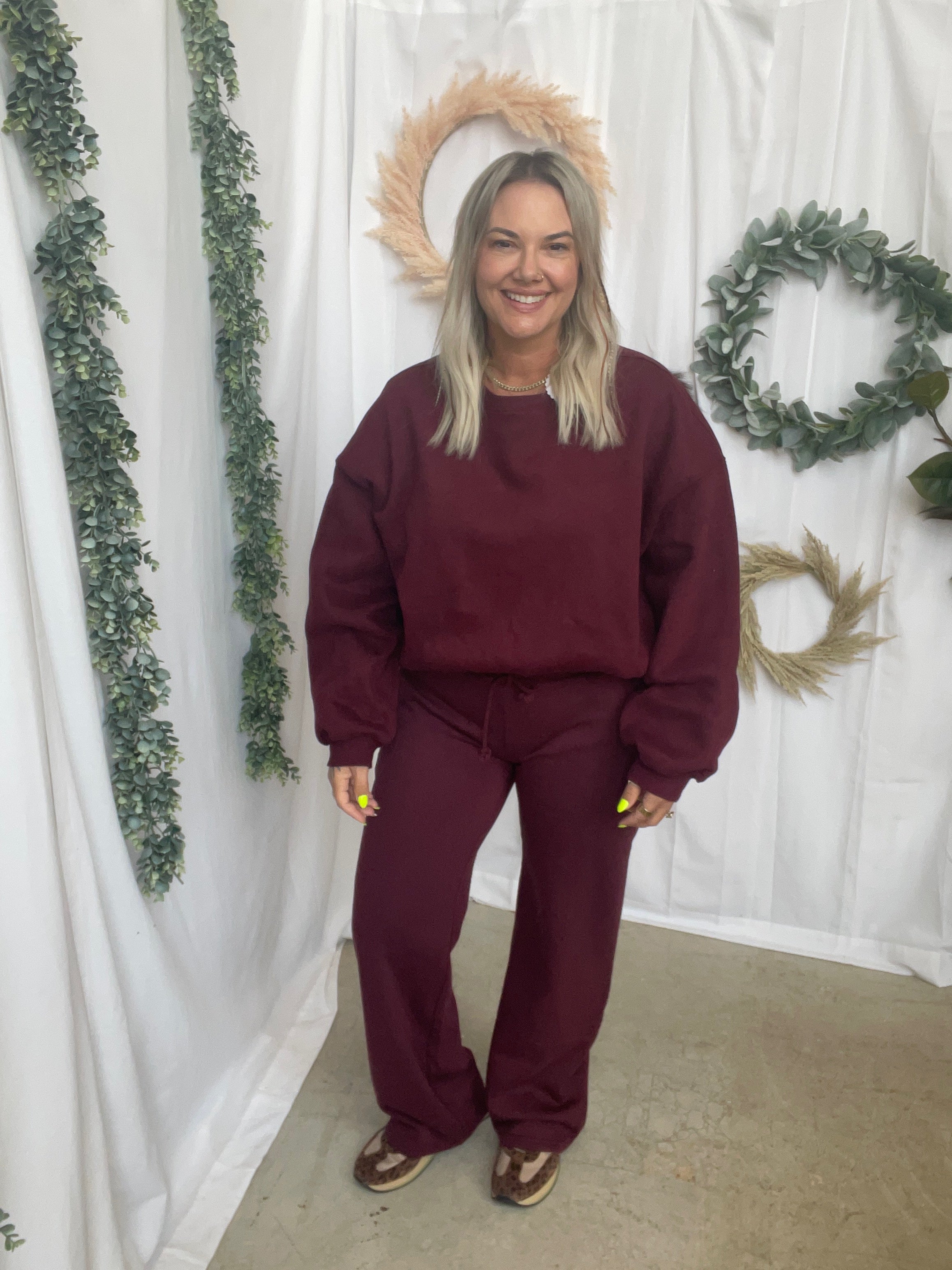 Emory Wide Leg Sweatpants-Black Cherry-sweatpants-tictoc-The Silo Boutique, Women's Fashion Boutique Located in Warren and Grand Forks North Dakota