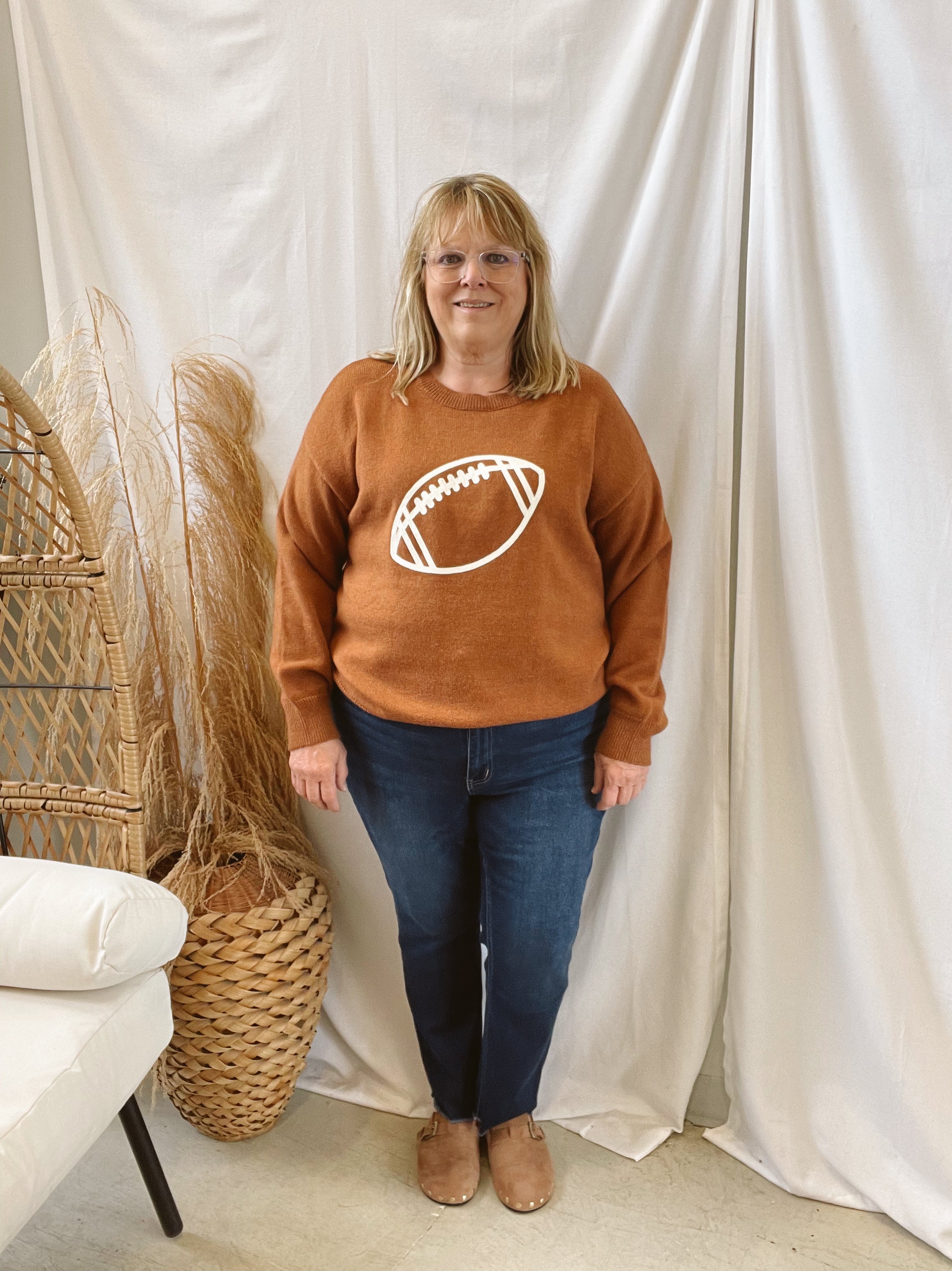 Brown Football Embroidery Sweater-Sweaters-tea and Rose-The Silo Boutique, Women's Fashion Boutique Located in Warren and Grand Forks North Dakota