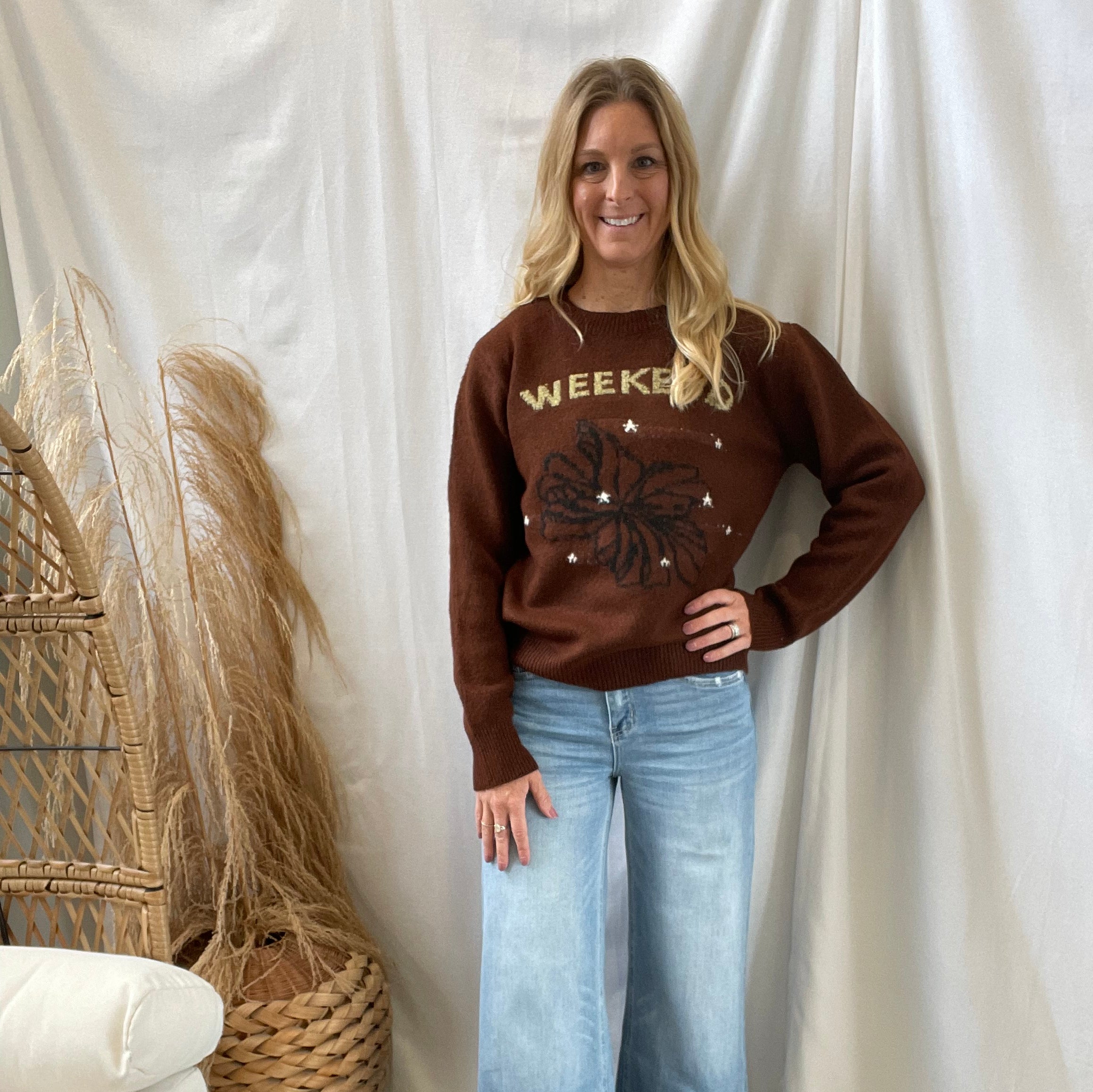 Brown Floral Weekend Sweater-Sweaters-mystree-The Silo Boutique, Women's Fashion Boutique Located in Warren and Grand Forks North Dakota