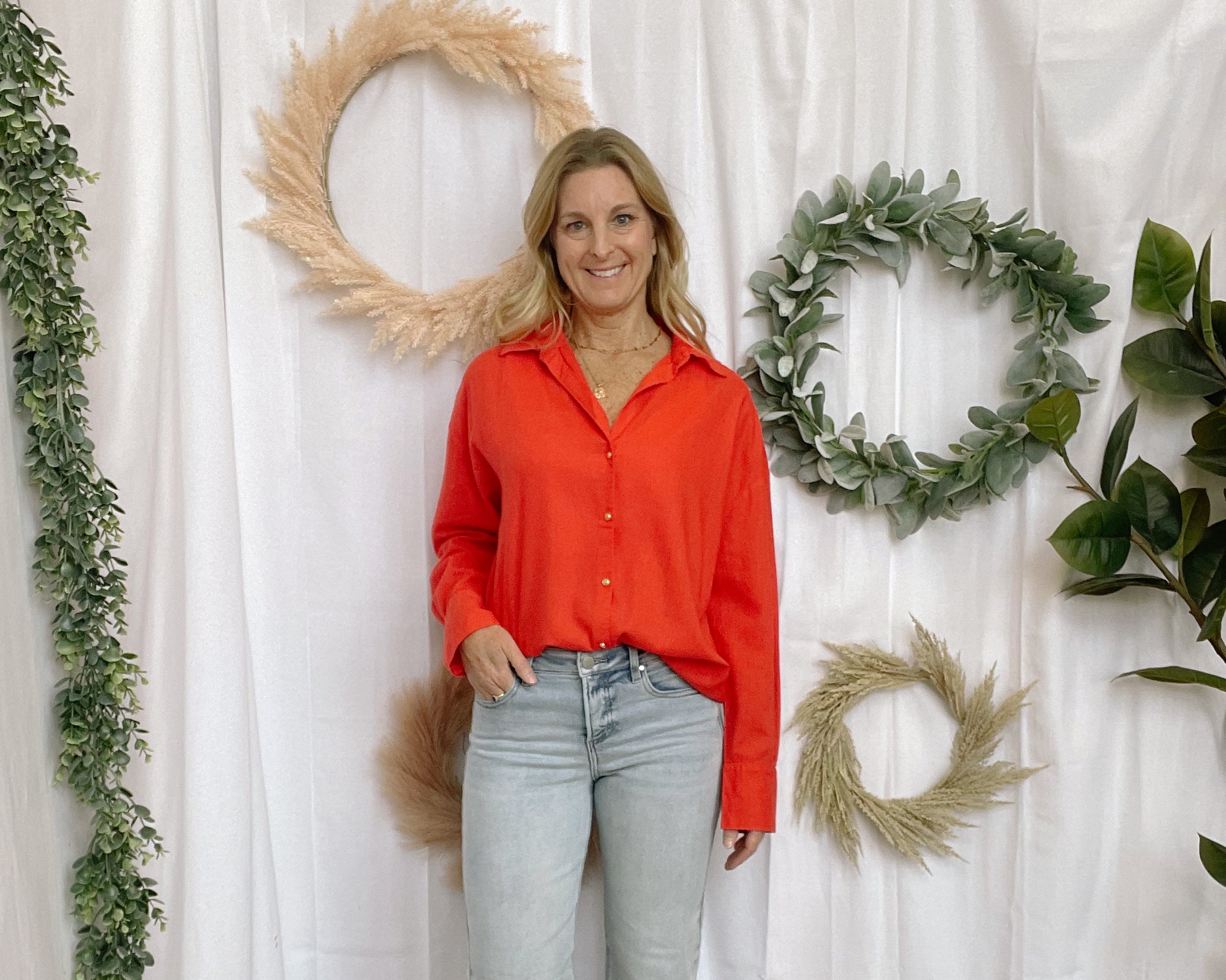 Elan Red Collared Shirt-Long Sleeve Tops-elan-The Silo Boutique, Women's Fashion Boutique Located in Warren and Grand Forks North Dakota