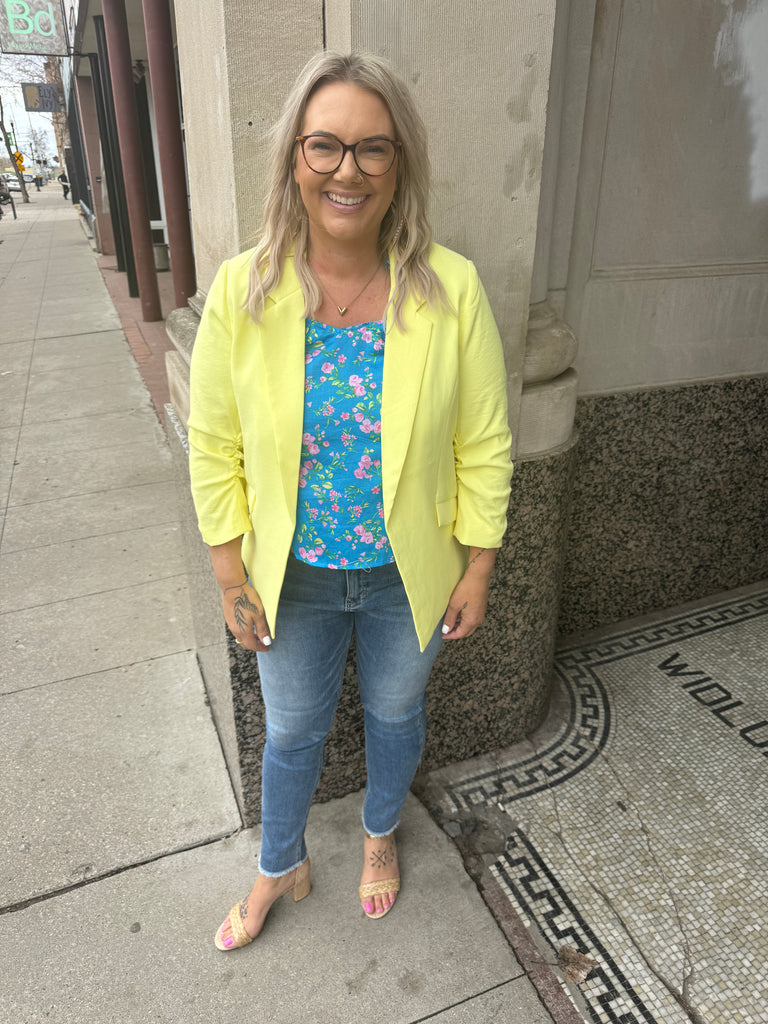 Skies Lemon Lime Shirred Blazer-Blazers-skies are blue-The Silo Boutique, Women's Fashion Boutique Located in Warren and Grand Forks North Dakota