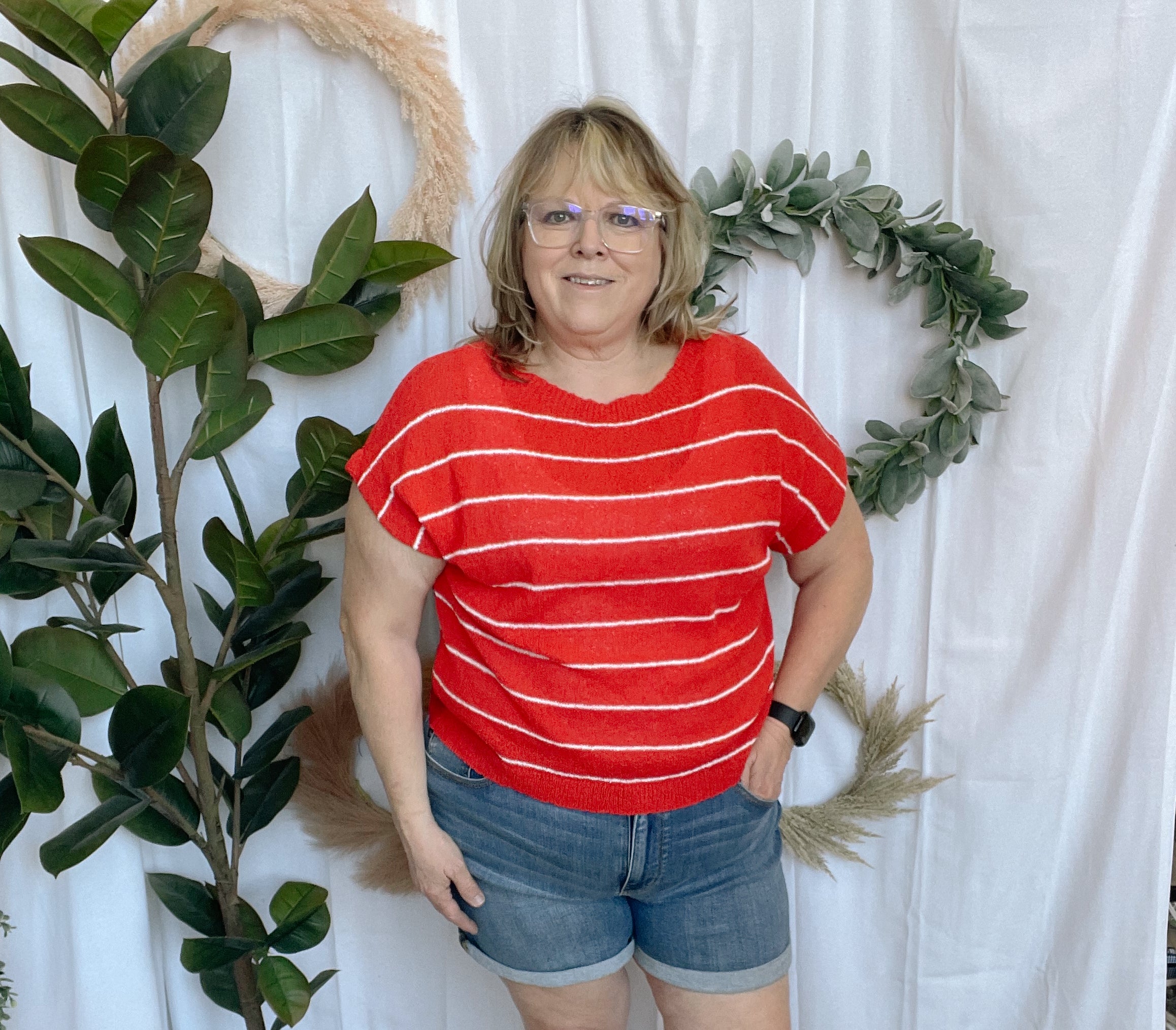 Tomato Striped Sweater Top-Short Sleeve Tops-cozy co-The Silo Boutique, Women's Fashion Boutique Located in Warren and Grand Forks North Dakota