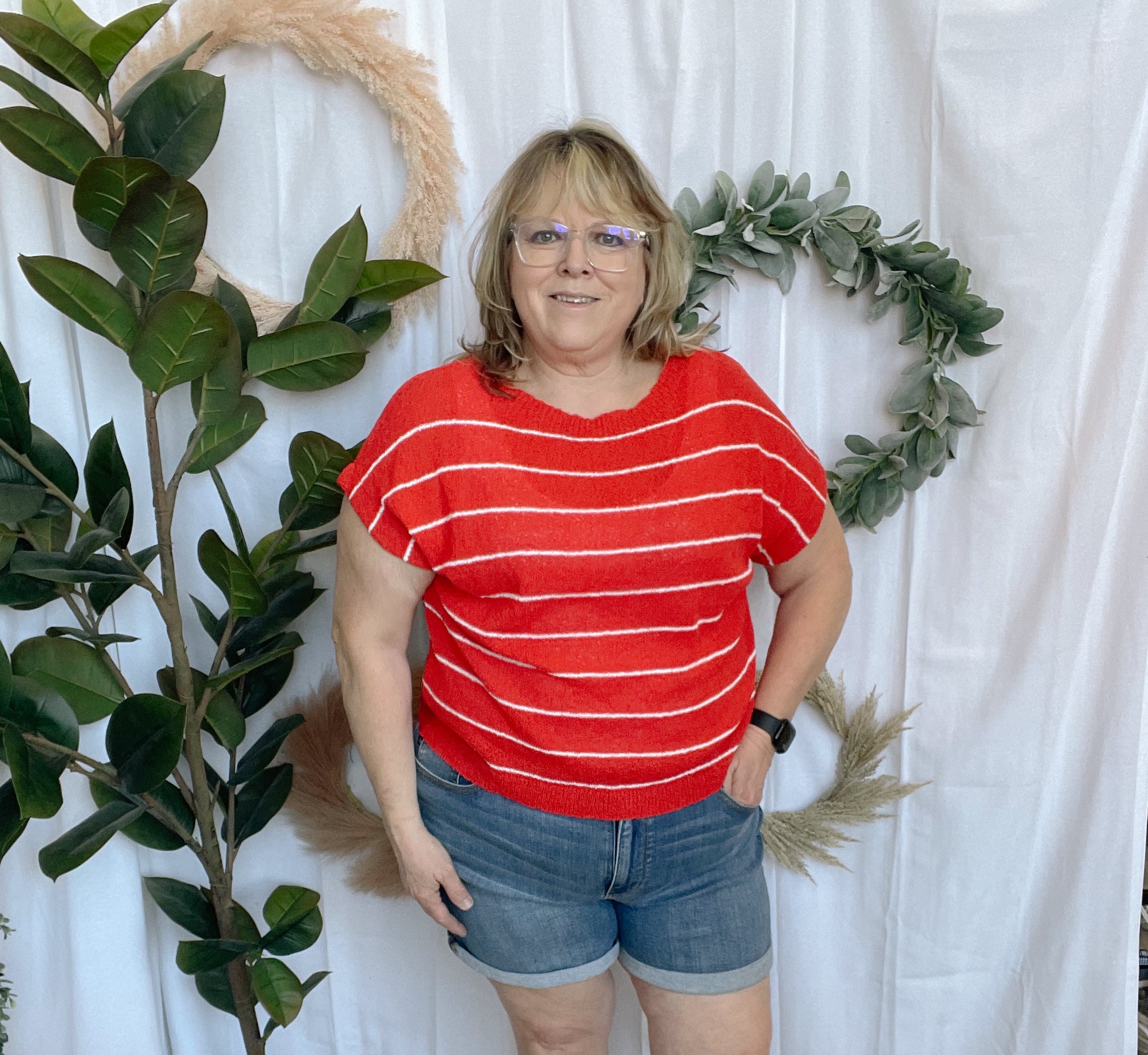Tomato Striped Sweater Top-Short Sleeve Tops-cozy co-The Silo Boutique, Women's Fashion Boutique Located in Warren and Grand Forks North Dakota