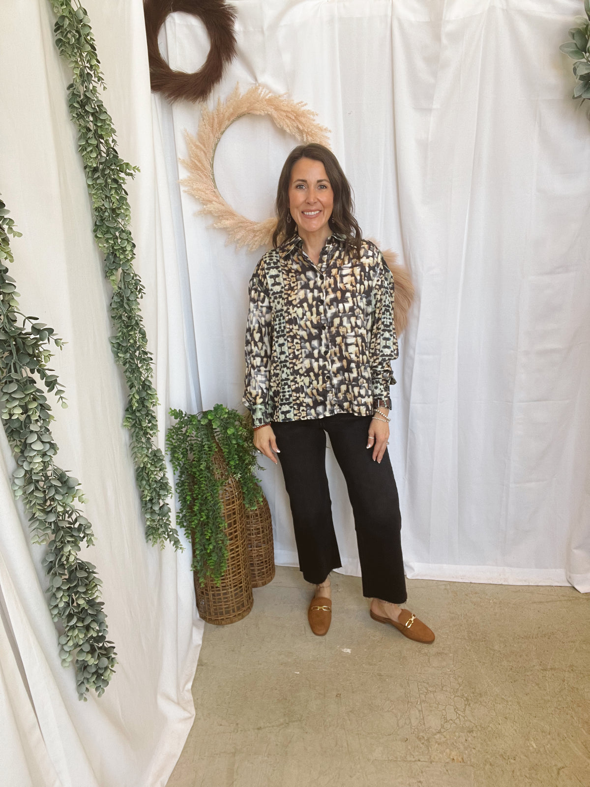 Elan Black Static Button Down Top-Long Sleeve Tops-elan-The Silo Boutique, Women's Fashion Boutique Located in Warren and Grand Forks North Dakota