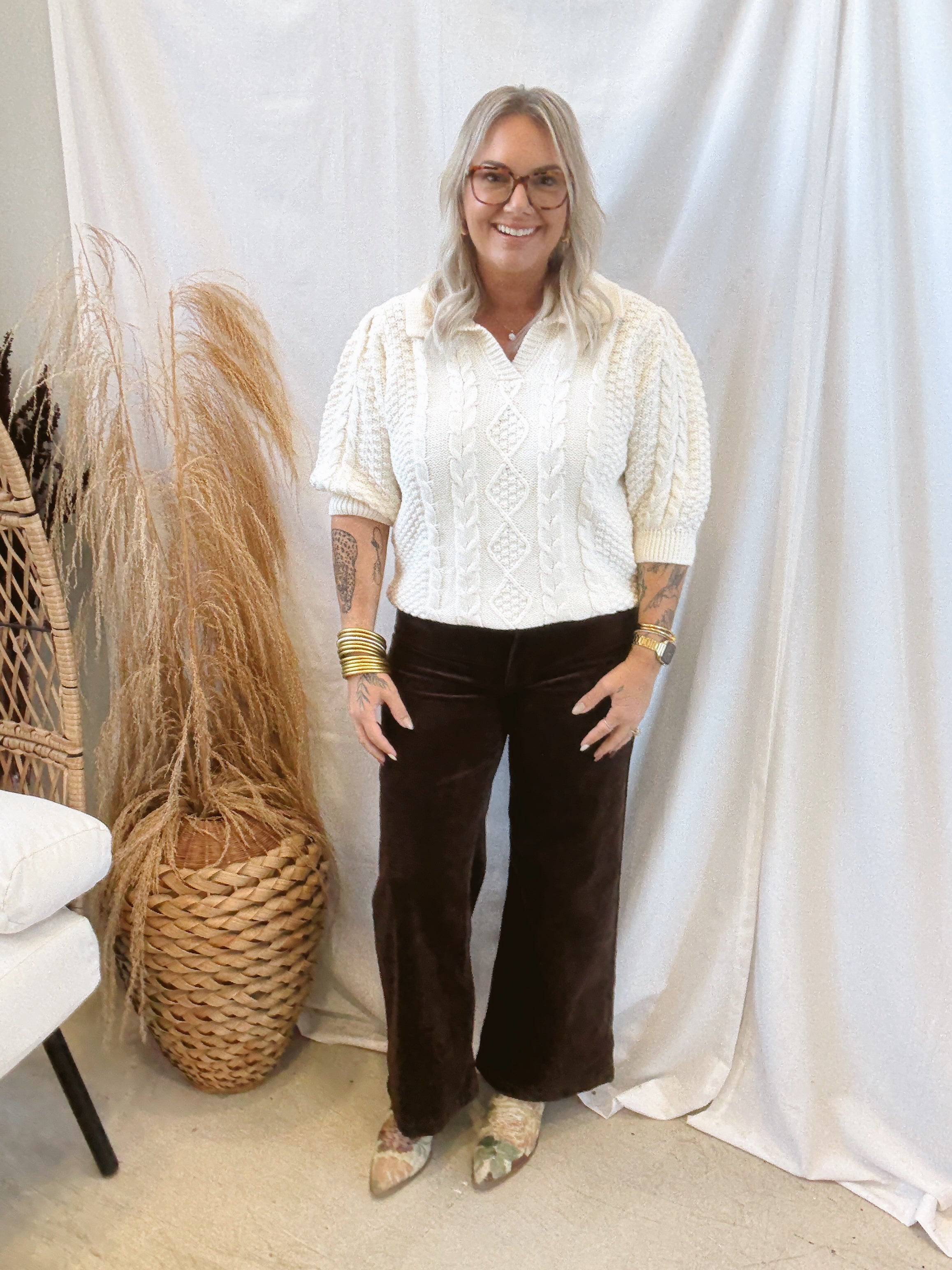 Cable Collared V Neck Sweater-Ivory-Sweaters-oddi-The Silo Boutique, Women's Fashion Boutique Located in Warren and Grand Forks North Dakota