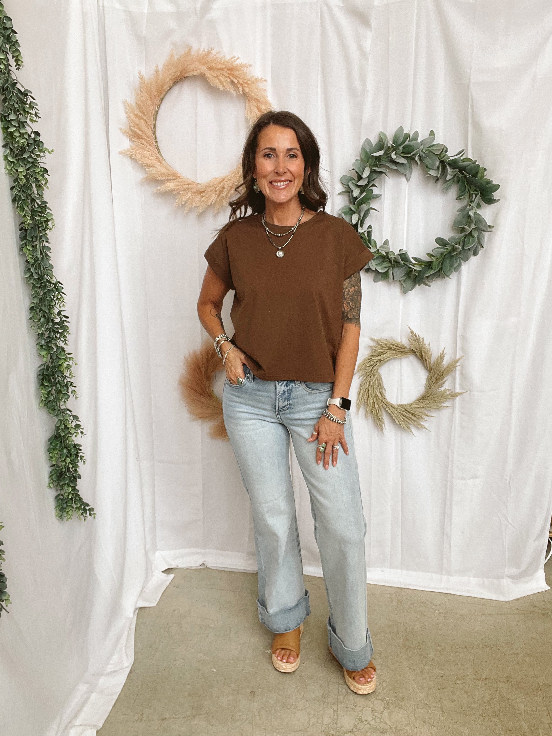 Miou Muse Cuffed Sleeve Top-Brown-Short Sleeve Tops-miou muse-The Silo Boutique, Women's Fashion Boutique Located in Warren and Grand Forks North Dakota