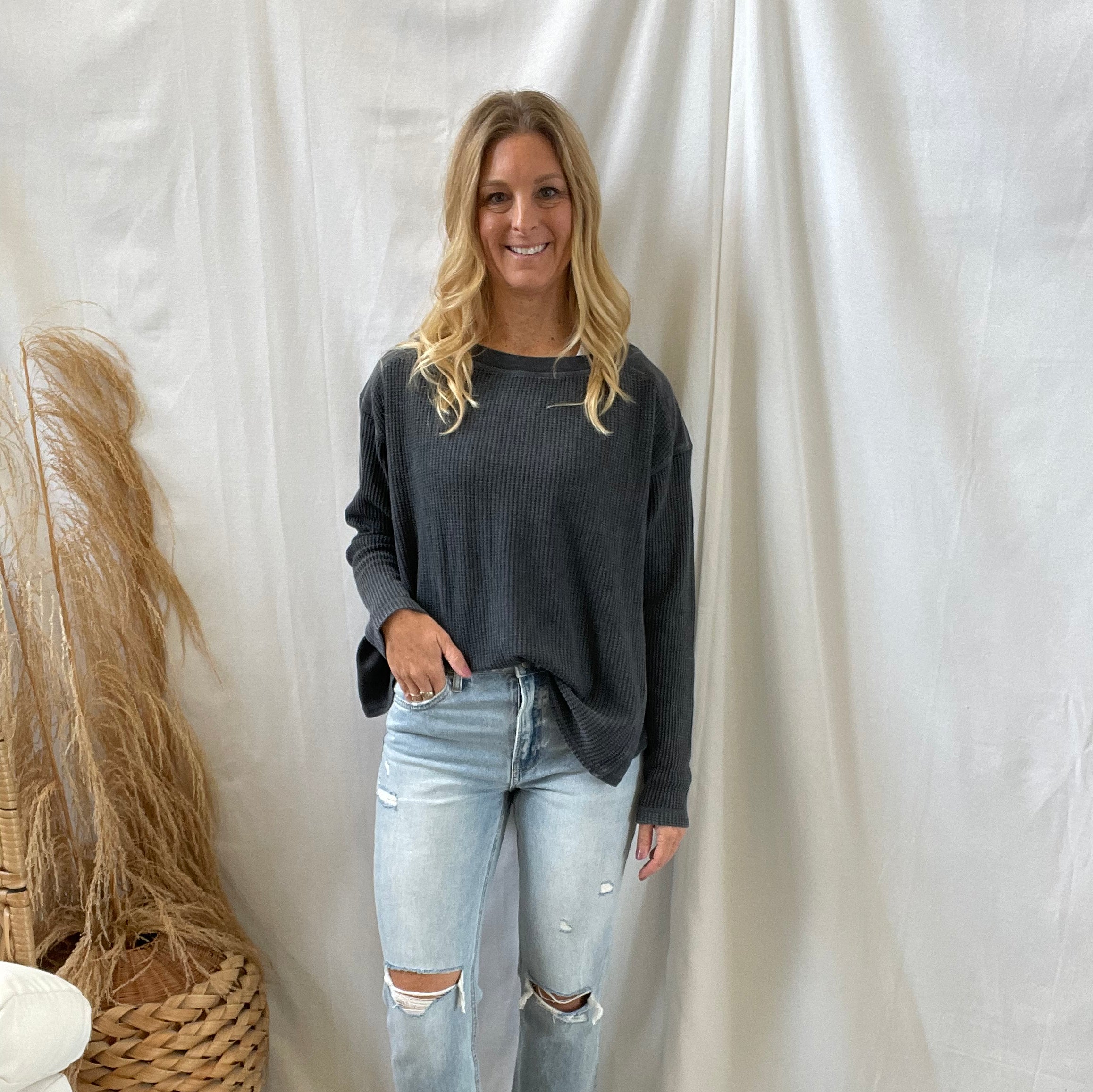 Rae Waffle High Low Top-Black-Long Sleeve Tops-rae mode-The Silo Boutique, Women's Fashion Boutique Located in Warren and Grand Forks North Dakota