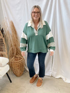 Green and Ivory Collared Oversized Sweatshirt-Long Sleeve Tops-bucketlist-The Silo Boutique, Women's Fashion Boutique Located in Warren and Grand Forks North Dakota