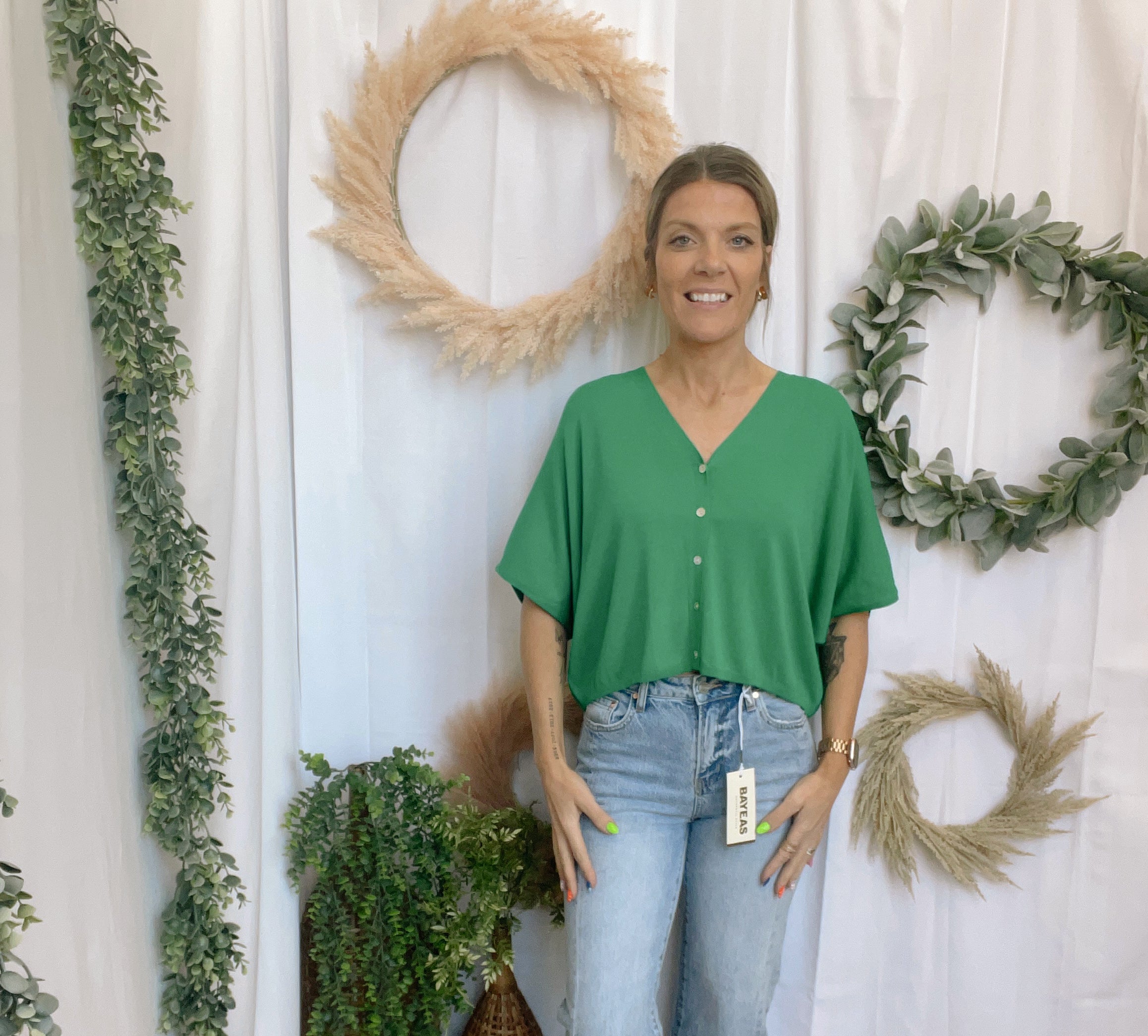 Charlie V Neck Top-Green-Short Sleeve Tops-ENTRO-The Silo Boutique, Women's Fashion Boutique Located in Warren and Grand Forks North Dakota