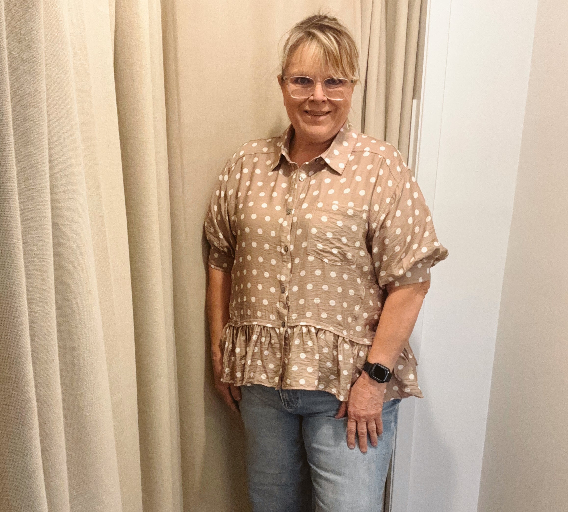 Sammy Polka Dot Top-Sand-Short Sleeve Tops-ENTRO-The Silo Boutique, Women's Fashion Boutique Located in Warren and Grand Forks North Dakota