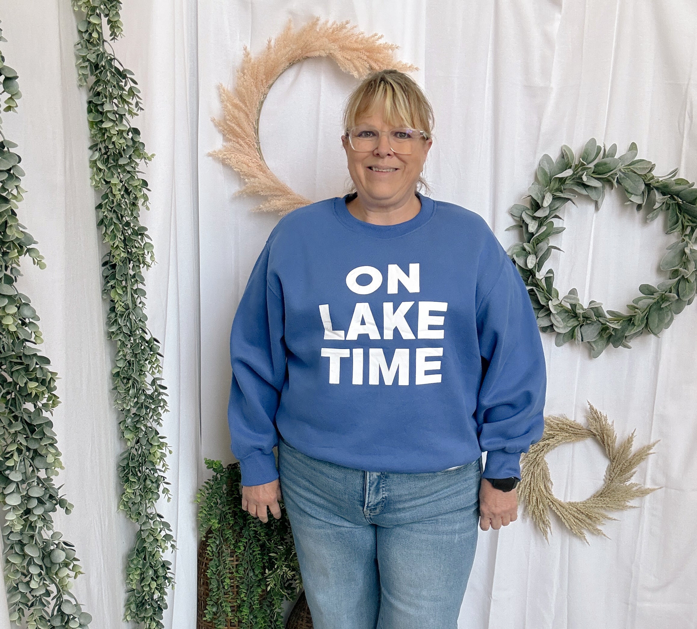 On Lake Time Sweatshirt-Blue-Sweatshirts-panache-The Silo Boutique, Women's Fashion Boutique Located in Warren and Grand Forks North Dakota