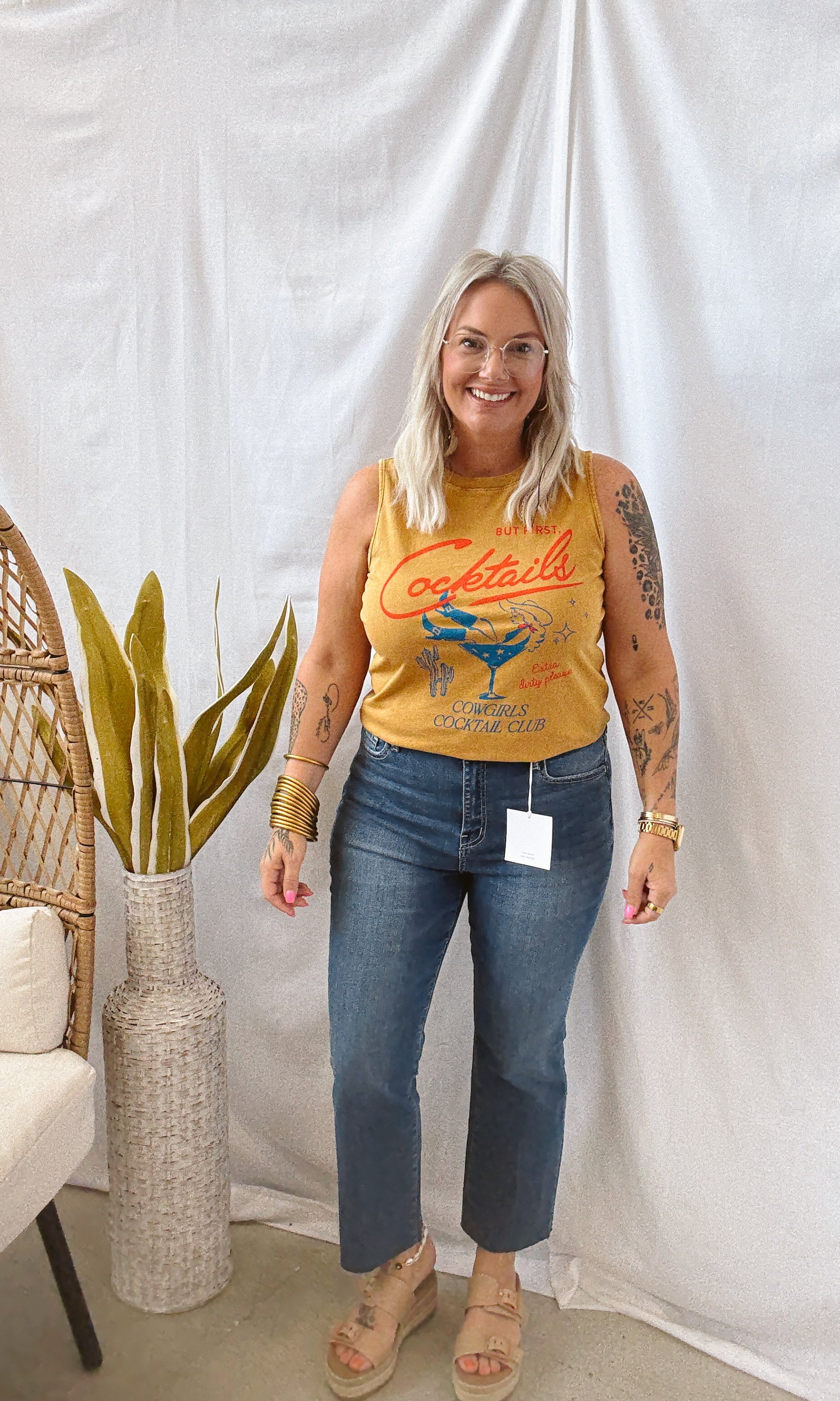 But First Cocktails Tank-Mustard-Tank Tops-heart and luv-The Silo Boutique, Women's Fashion Boutique Located in Warren and Grand Forks North Dakota