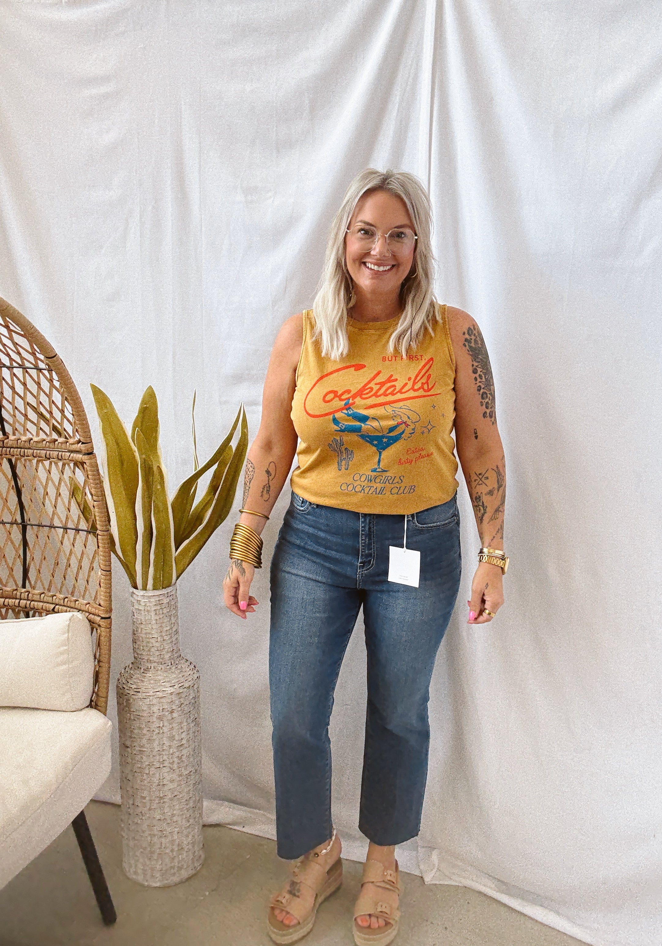 But First Cocktails Tank-Mustard-Tank Tops-heart and luv-The Silo Boutique, Women's Fashion Boutique Located in Warren and Grand Forks North Dakota