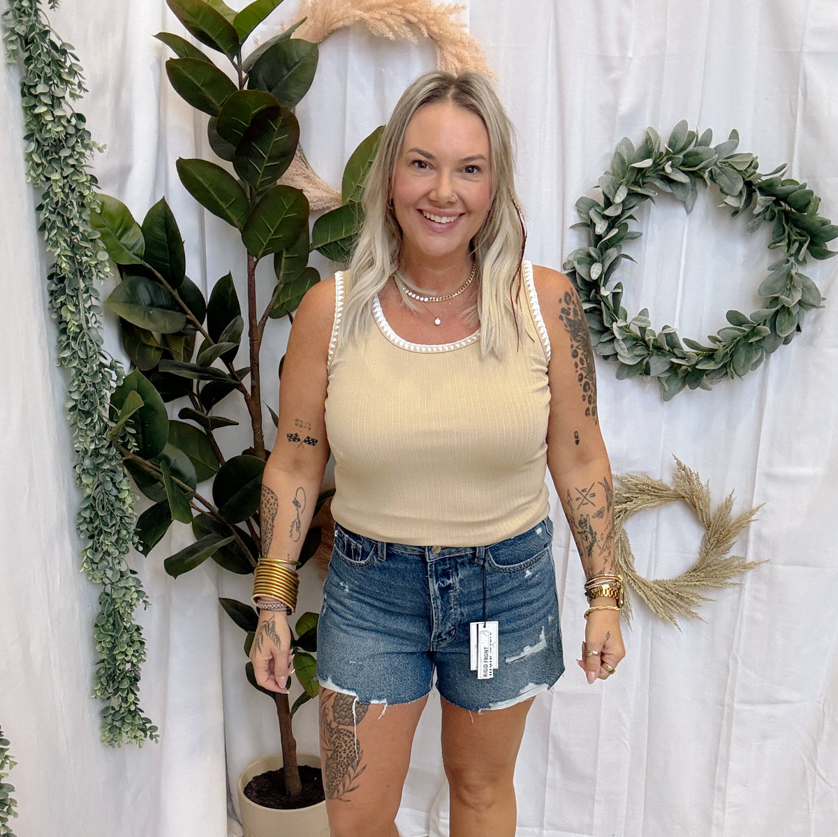 Blanket Stitch Tank Top-Taupe-Short Sleeve Tops-staccato-The Silo Boutique, Women's Fashion Boutique Located in Warren and Grand Forks North Dakota