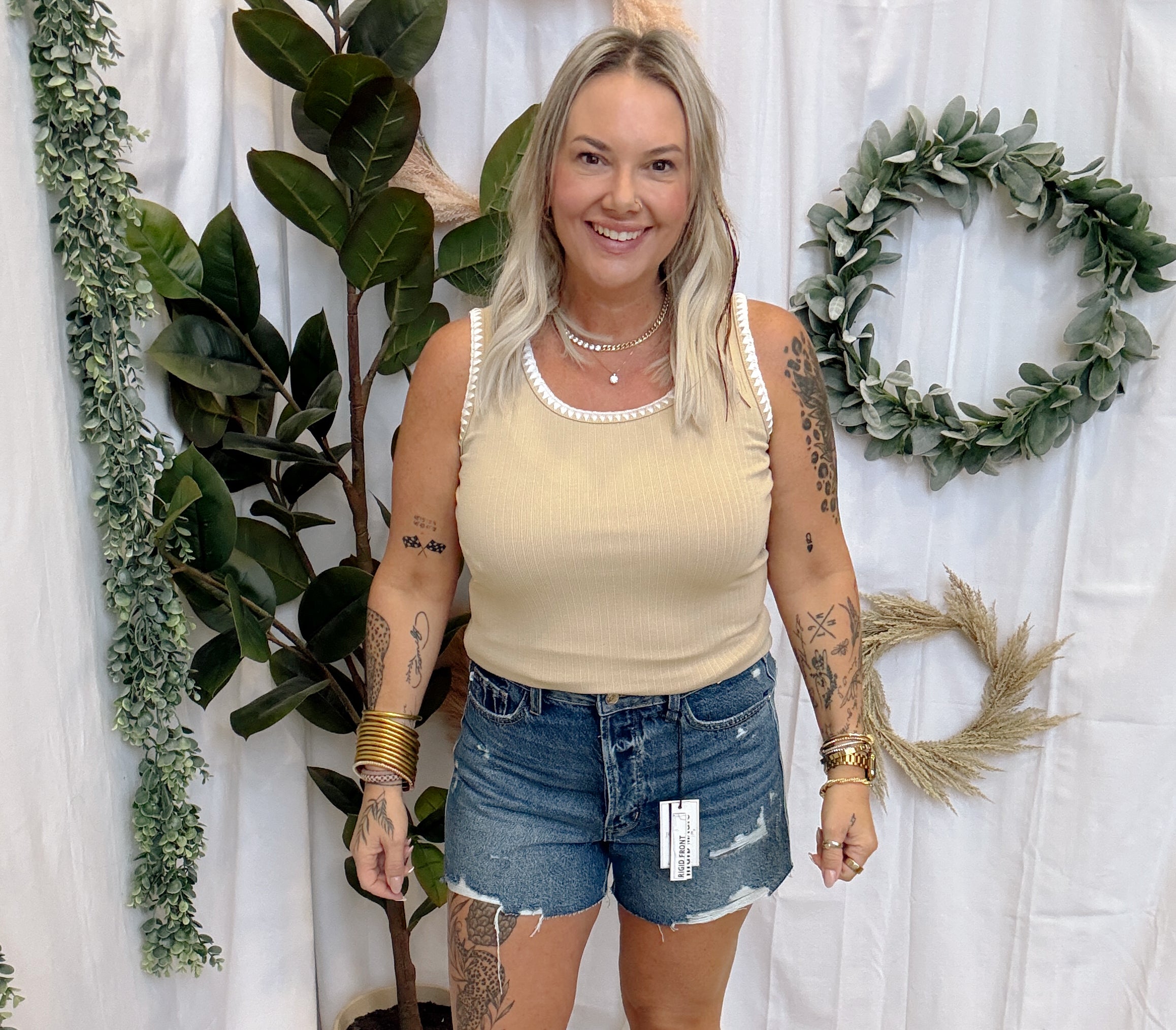Blanket Stitch Tank Top-Taupe-Short Sleeve Tops-staccato-The Silo Boutique, Women's Fashion Boutique Located in Warren and Grand Forks North Dakota