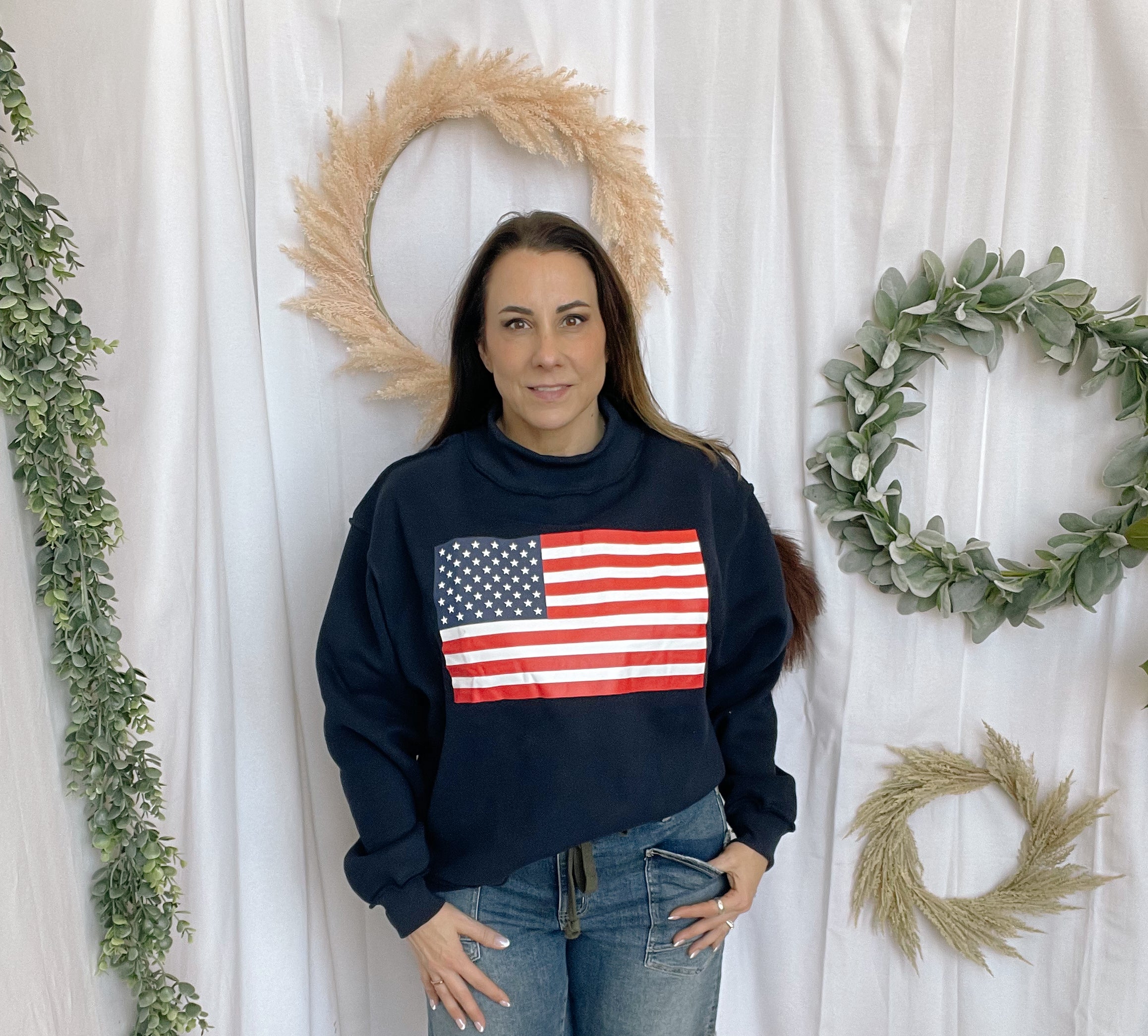 Bucketlist Flag/USA Reversible Sweatshirt-Navy-Sweatshirts-bucketlist-The Silo Boutique, Women's Fashion Boutique Located in Warren and Grand Forks North Dakota