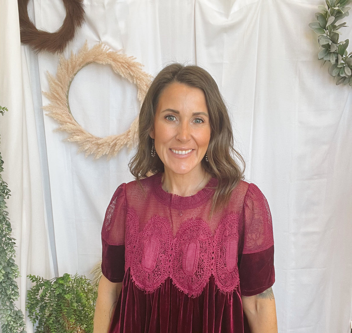 Velvet Scallop Top-Burgundy-Short Sleeve Tops-hem and thread-The Silo Boutique, Women's Fashion Boutique Located in Warren and Grand Forks North Dakota