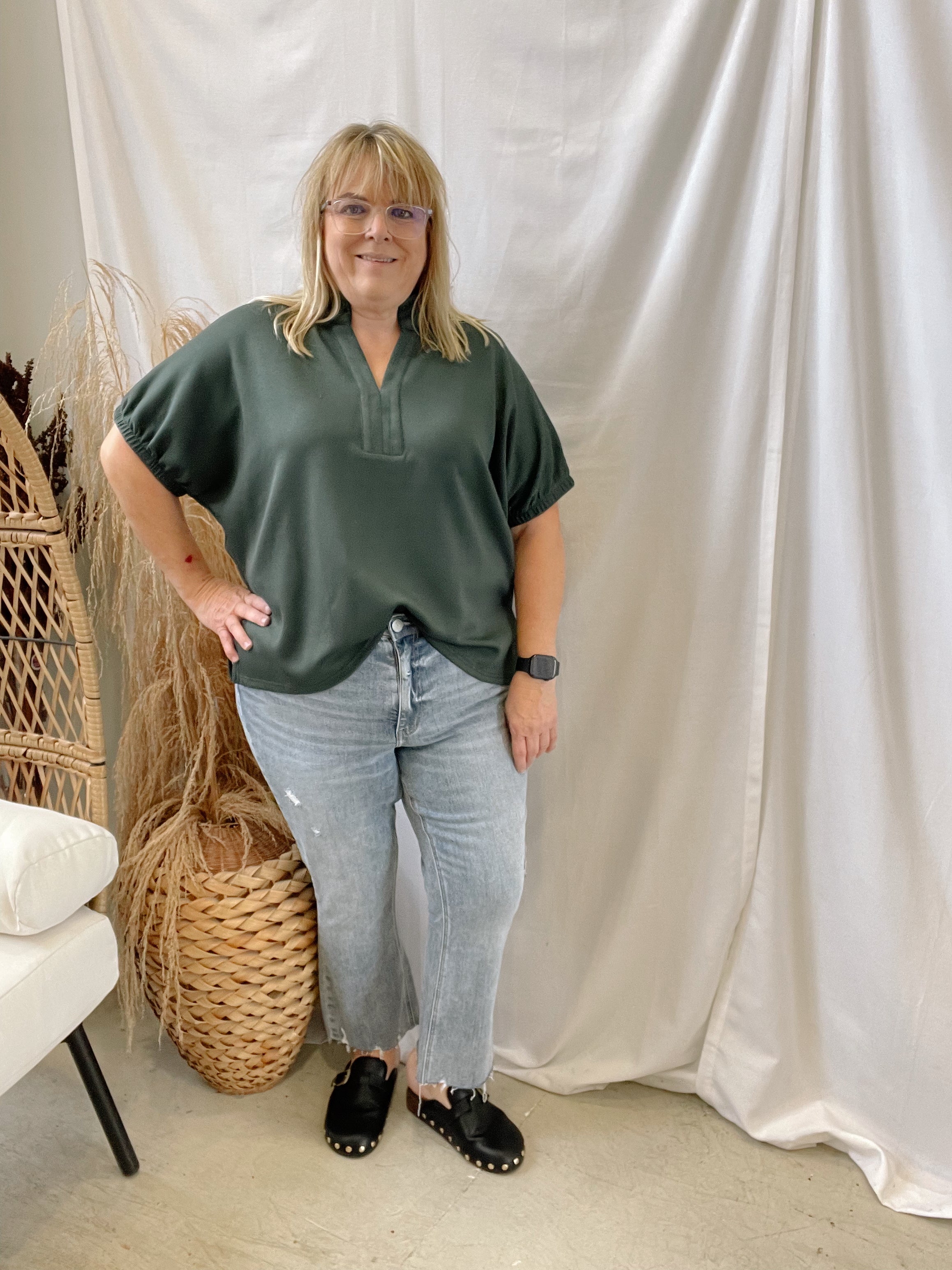 V Neck Collar Band Top-Hunter-Short Sleeve Tops-entro-The Silo Boutique, Women's Fashion Boutique Located in Warren and Grand Forks North Dakota